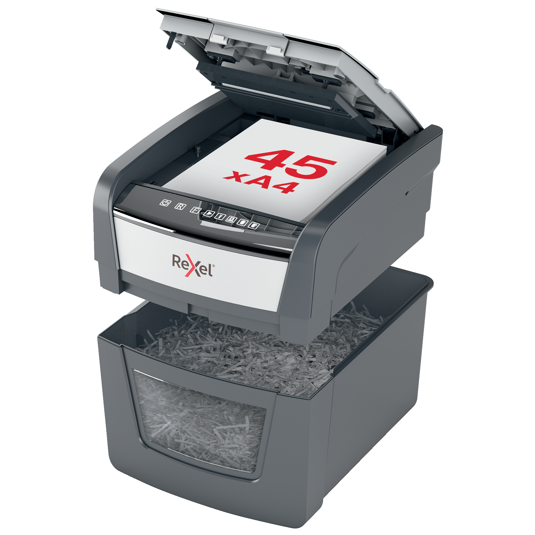 Distrugator documente automat REXEL OPTIMUM 45X, P4, cross-cut (confeti), 45 coli, cos 20l, negru-g
