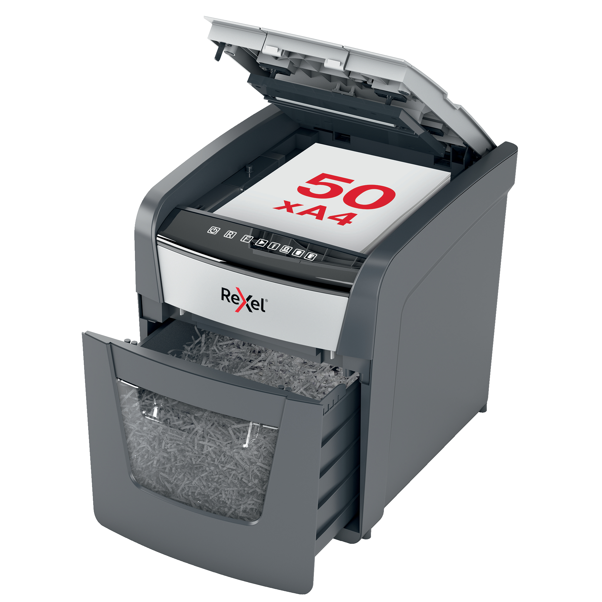 Laminatoare, folii laminare Rexel, Distrugator documente automat REXEL OPTIMUM 50X, P4, cross-cut (confeti), 50 coli, cos 20l, negru-g - vectordirect.ro