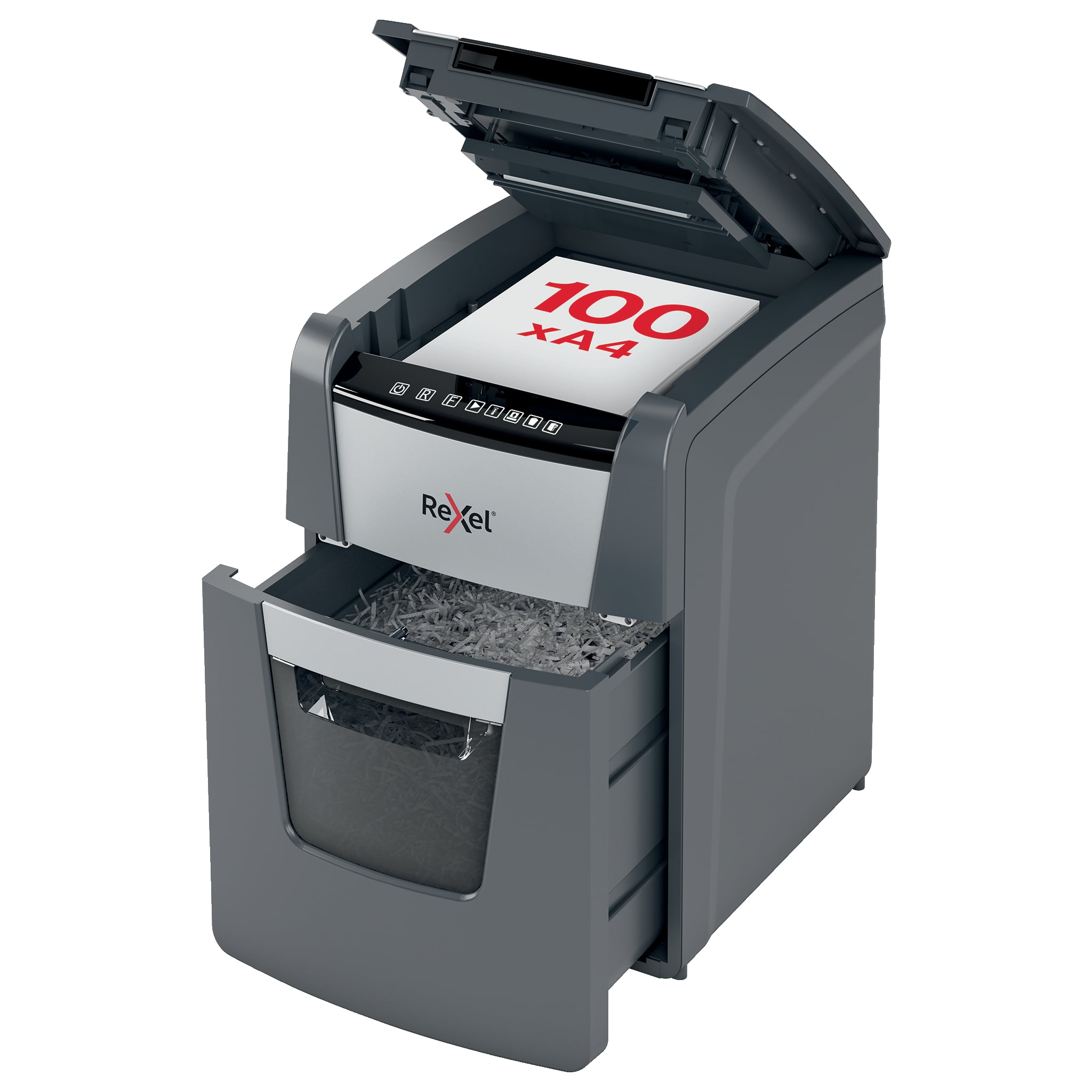Laminatoare, folii laminare Rexel, Distrugator documente automat REXEL OPTIMUM 100X, P4, cross-cut (confeti), 100 coli, cos 34l, negru- - vectordirect.ro