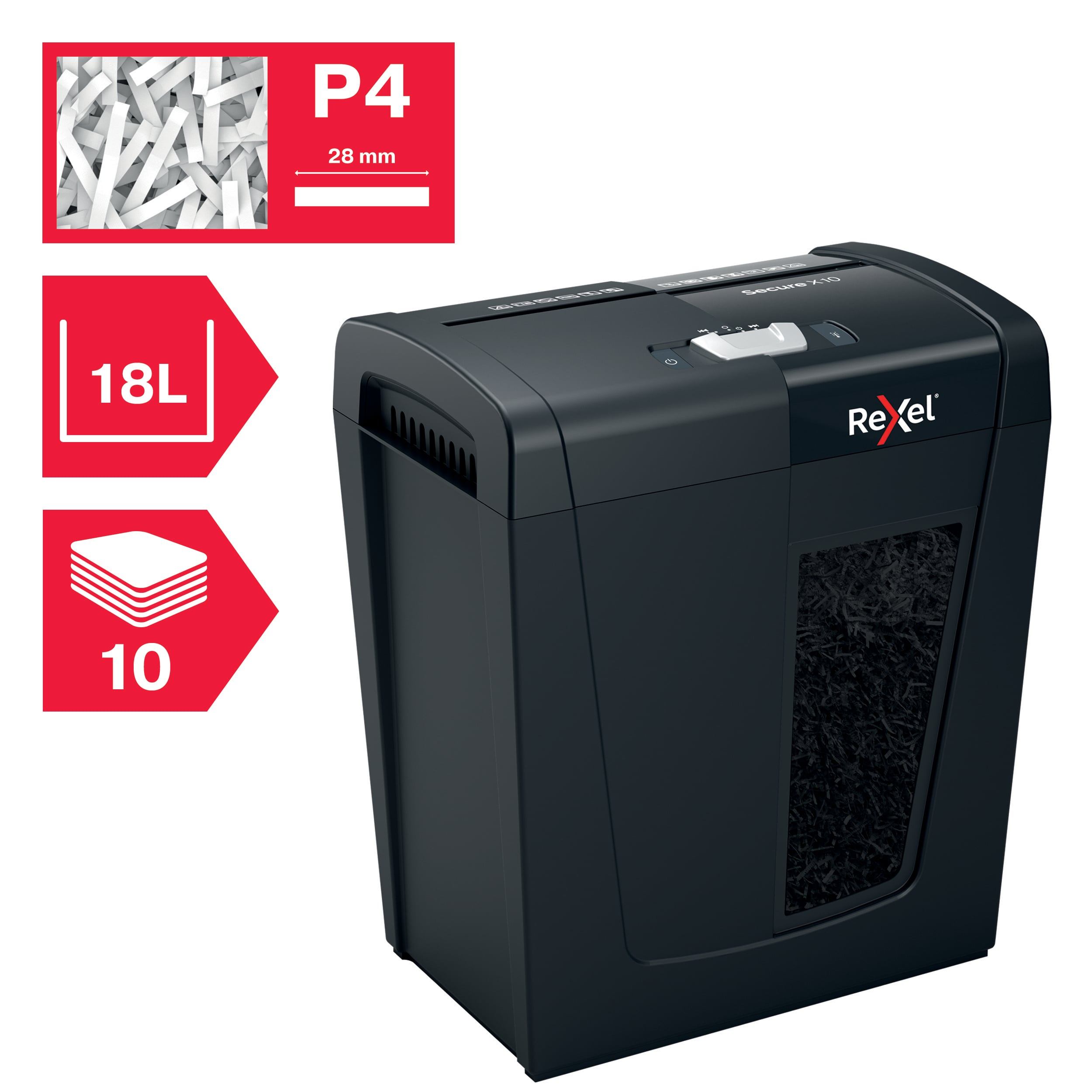 Distrugator documente manual REXEL SECURE X10, P4, cross-cut (confeti), 10 coli, 18l, negru