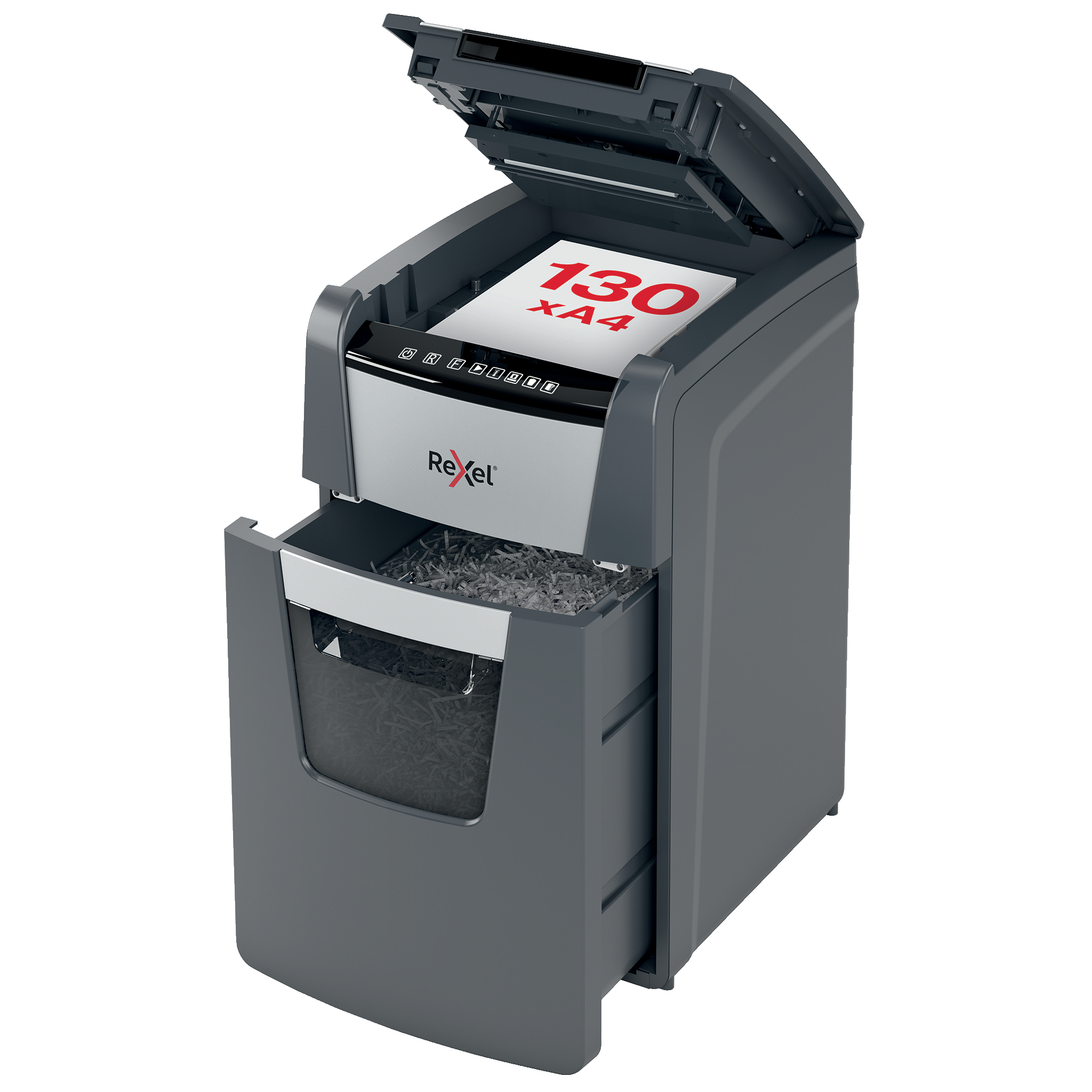 dmd_Leitz, Distrugator documente automat REXEL OPTIMUM 130X, P4, cross-cut (confeti), 130 coli, cos 44l, negru- - vectordirect.ro