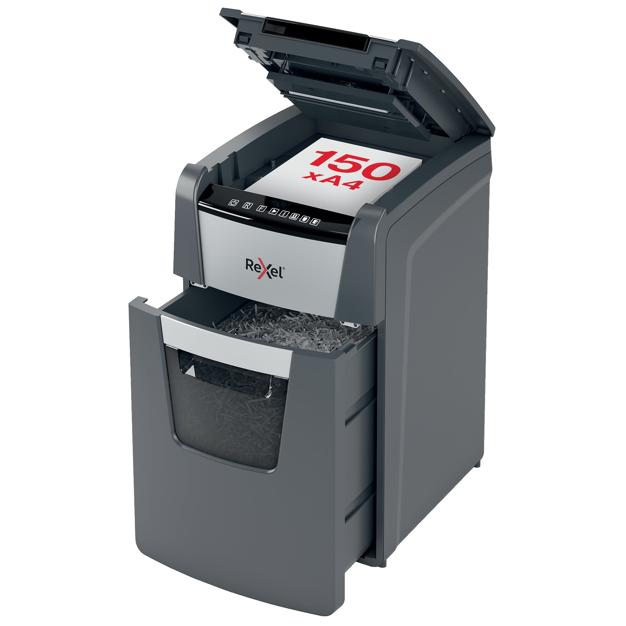 Distrugator documente automat REXEL OPTIMUM 150M, P5, micro-cut (particule), 150 coli, cos 44l, negr