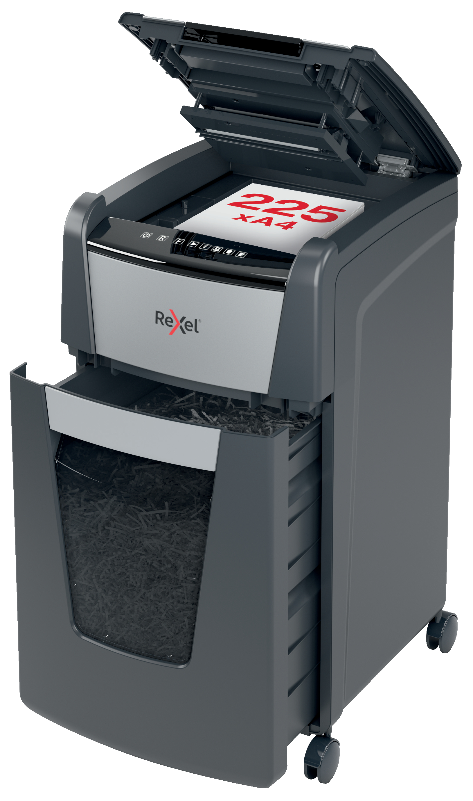 Toate produsele, Distrugator documente automat REXEL OPTIMUM 225M, P5, micro-cut (particule), 225 coli, cos 60l, negr - vectordirect.ro