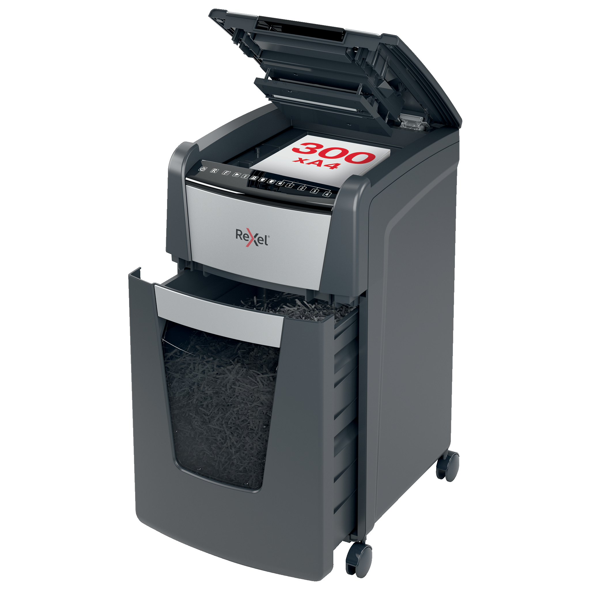 dmd_RexelMomentum, Distrugator documente automat REXEL OPTIMUM 300X, P4, cross-cut (confeti), 300 coli, cos 60l, negru- - vectordirect.ro