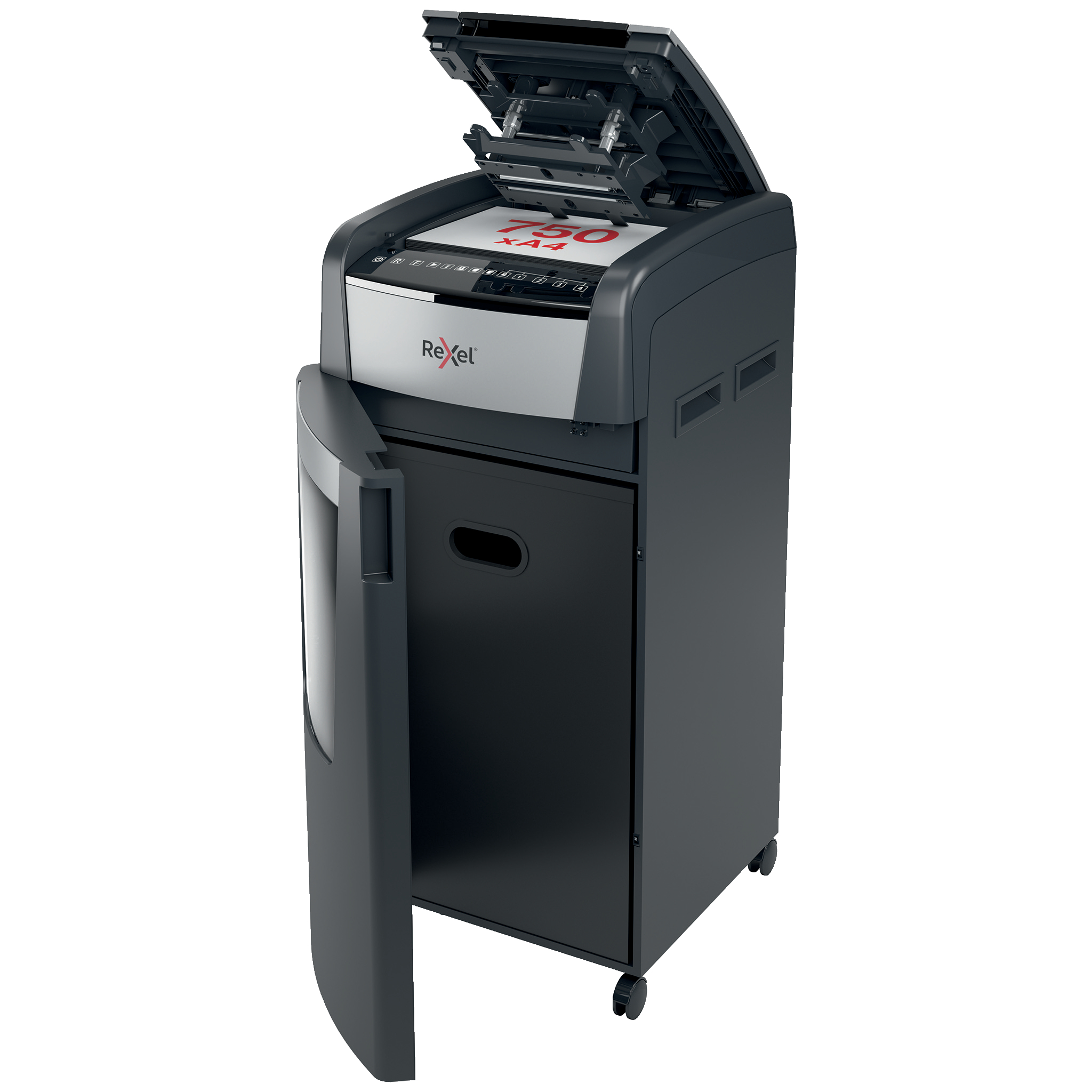 Echipamente birou, Distrugator documente automat REXEL OPTIMUM 750M, P5, micro-cut (particule), 750 coli, cos 140l, neg - vectordirect.ro