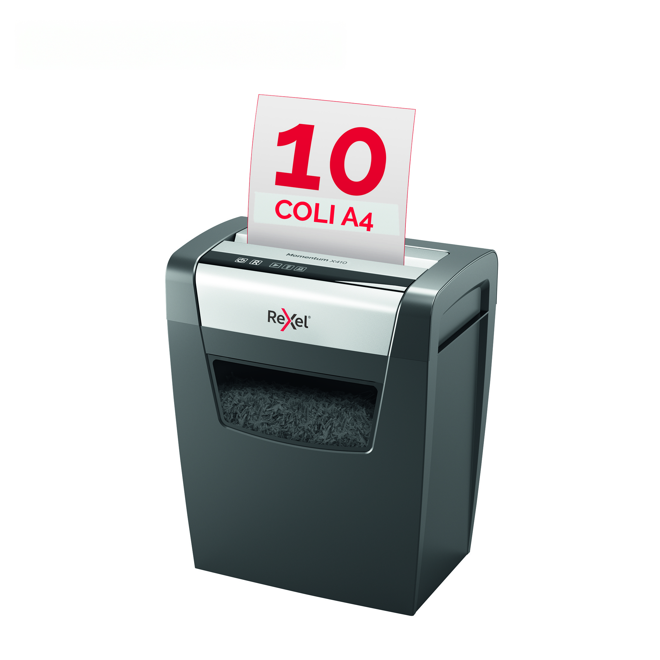 Laminatoare, folii laminare, Distrugator documente manual REXEL MOMENTUM X410, P4, cross-cut (confeti), 10 coli, cos 23l, negru - vectordirect.ro