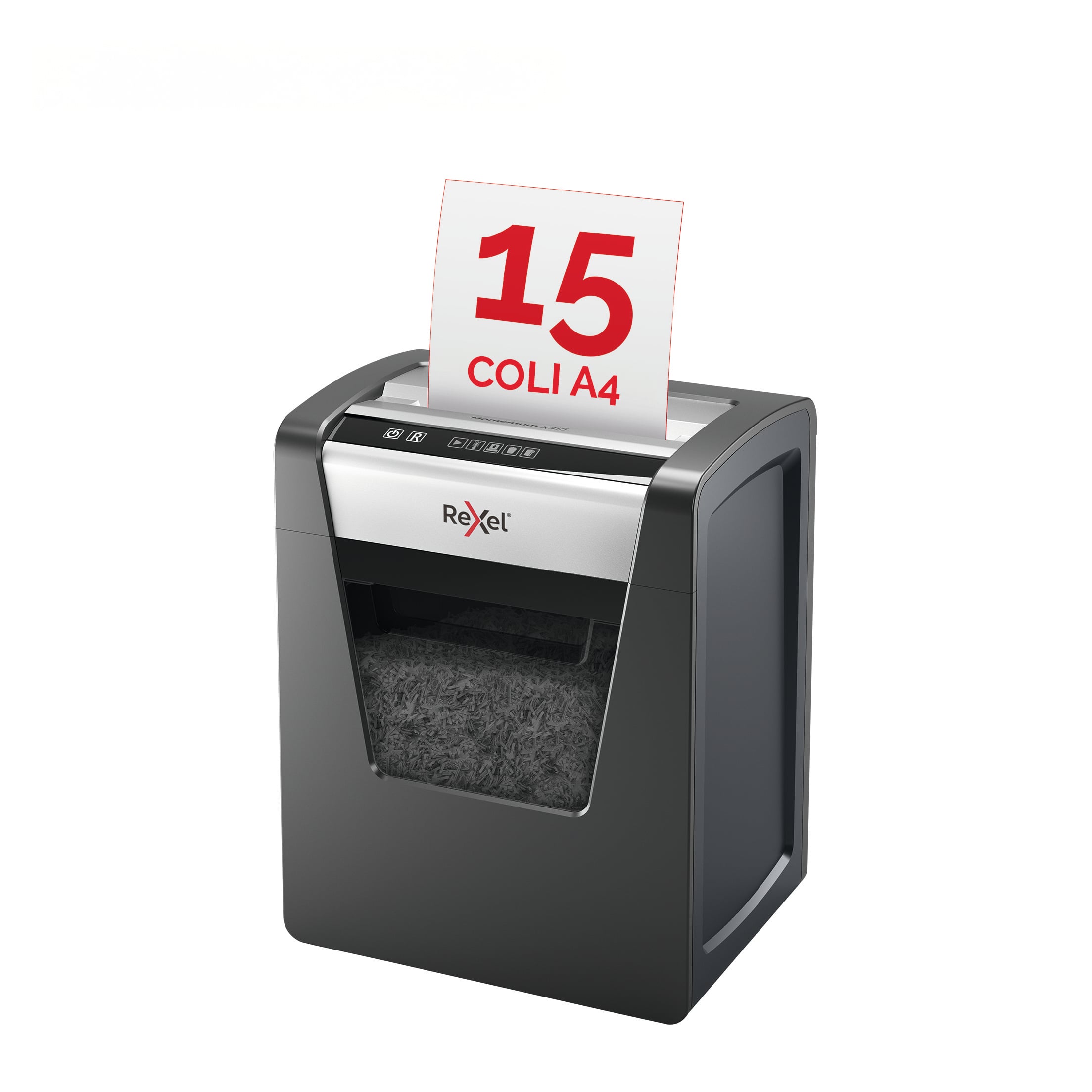 Distrugator documente manual REXEL MOMENTUM X415, P4, cross-cut (confeti), 15 coli, cos 23l, negru
