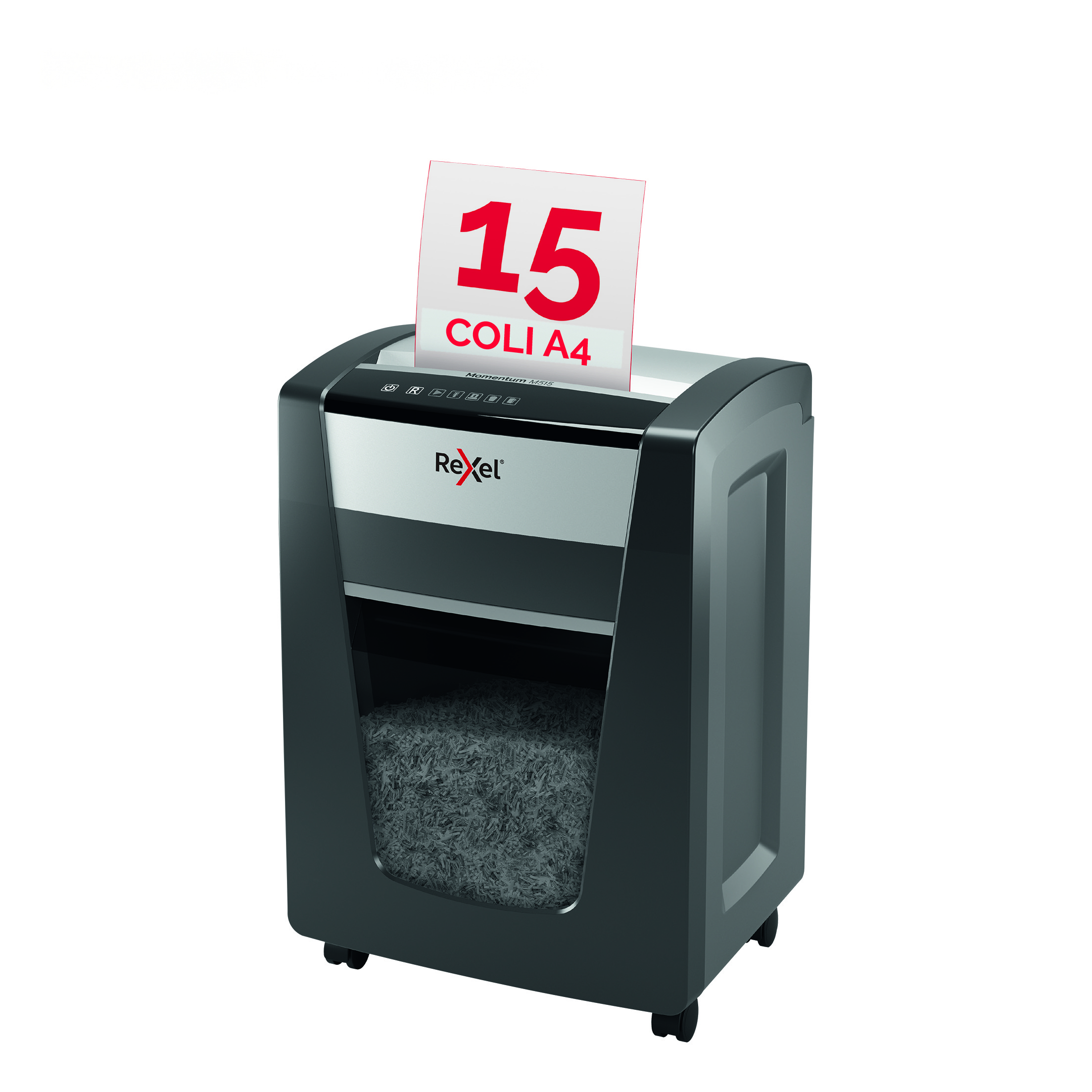 Echipamente birou, Distrugator documente manual REXEL MOMENTUM M515, P5, micro-cut (particule), 15 coli, cos 30l, negru - vectordirect.ro