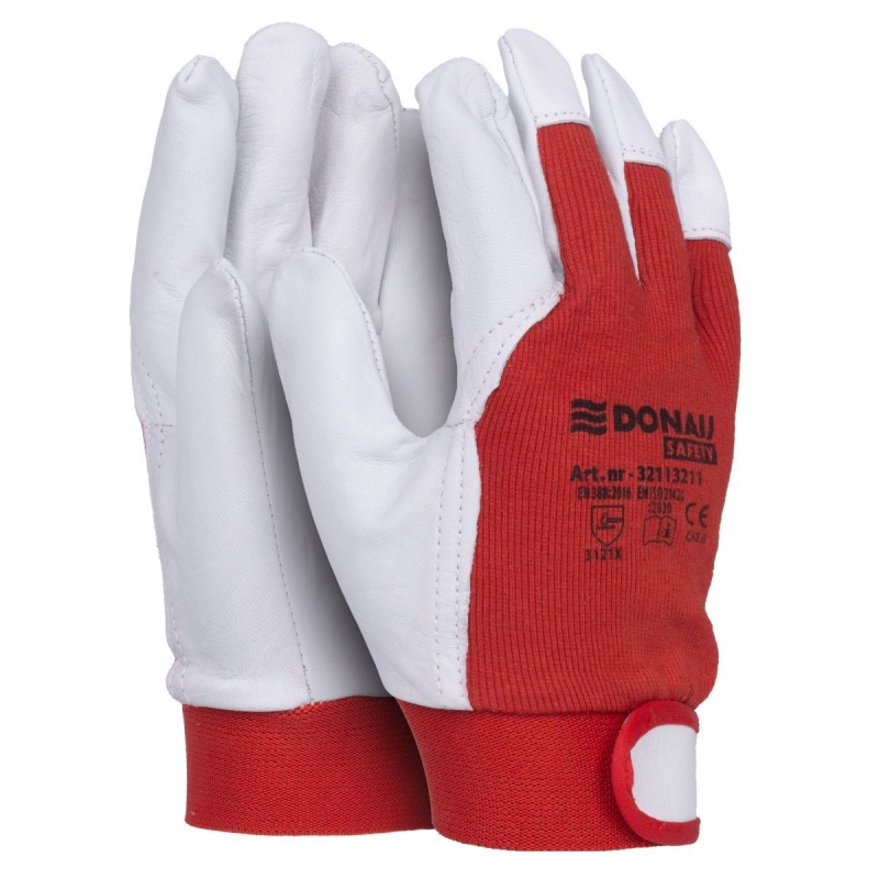 Donau Safety, Manusi protectie DONAU, din piele, grip, manseta elastica cu inchidere velcro- marimea  7 - alb/rosu - vectordirect.ro