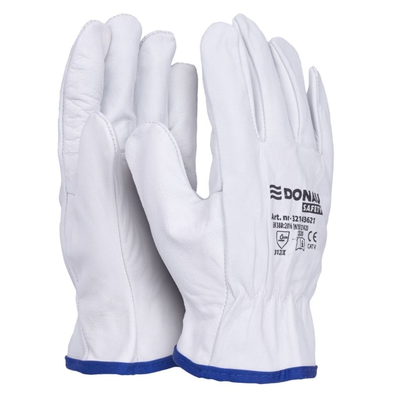 Donau Safety, Manusi protectie DONAU, din piele, grip, aratator intarit - marimea 8 - alb cu albastru - vectordirect.ro