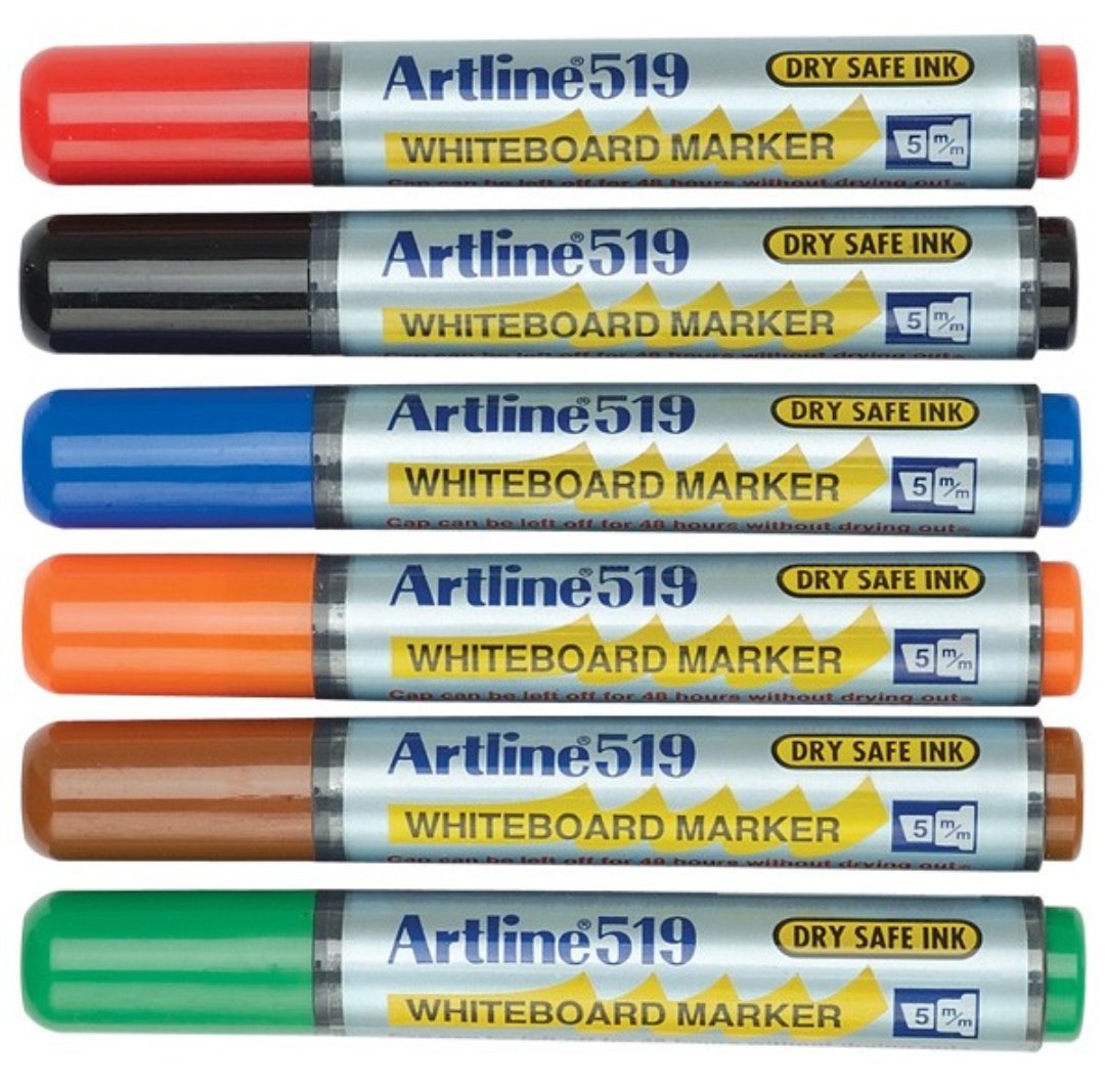 Toate produsele, Marker pentru tabla de scris ARTLINE 519 - Dry safe ink, varf tesit 2.0-5.0mm, 6 culori/set - vectordirect.ro