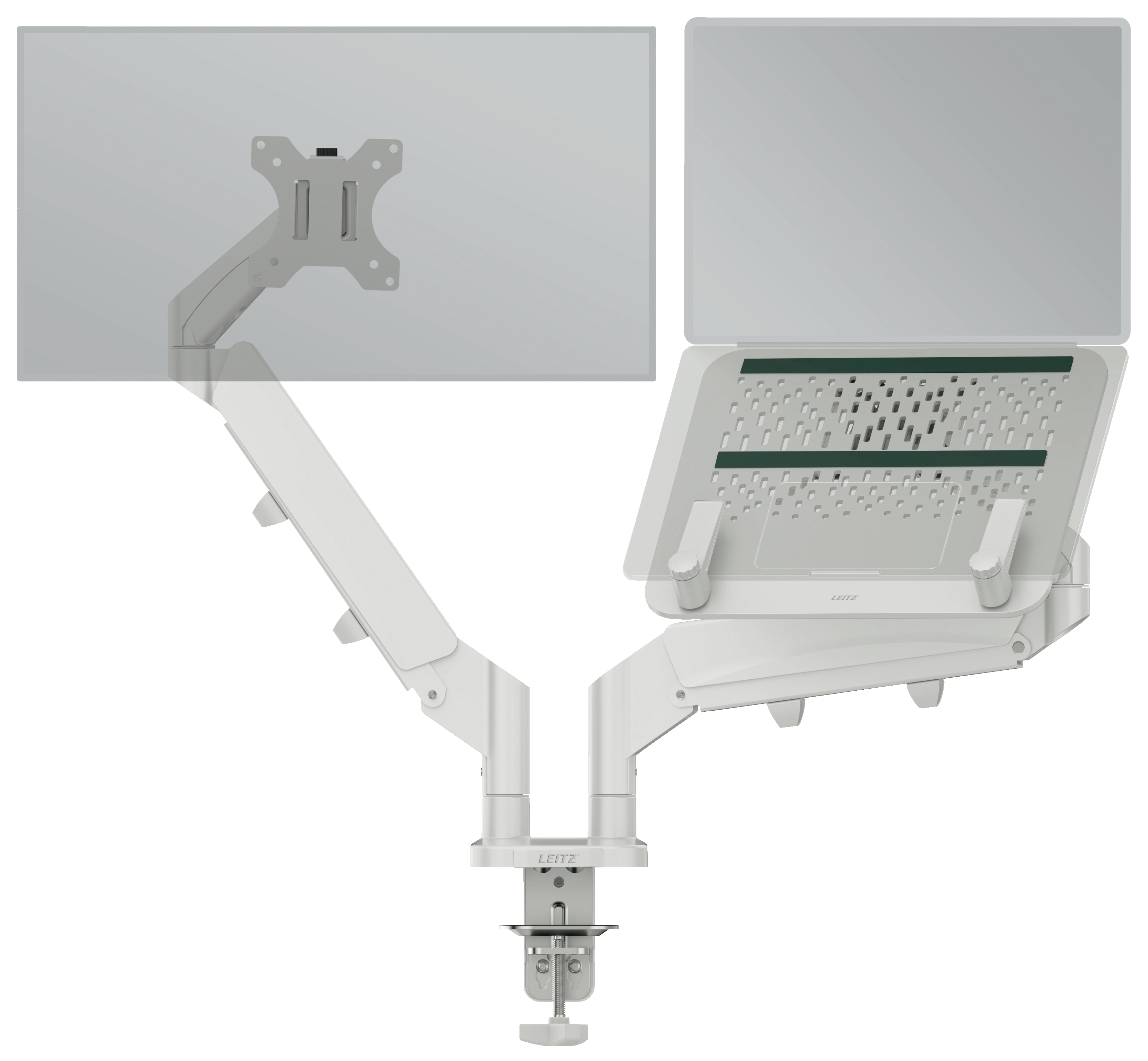 Suport monitor LEITZ Ergo, 2 brate ajustabile, extensibile, fixare pe birou, suport laptop, gri-past