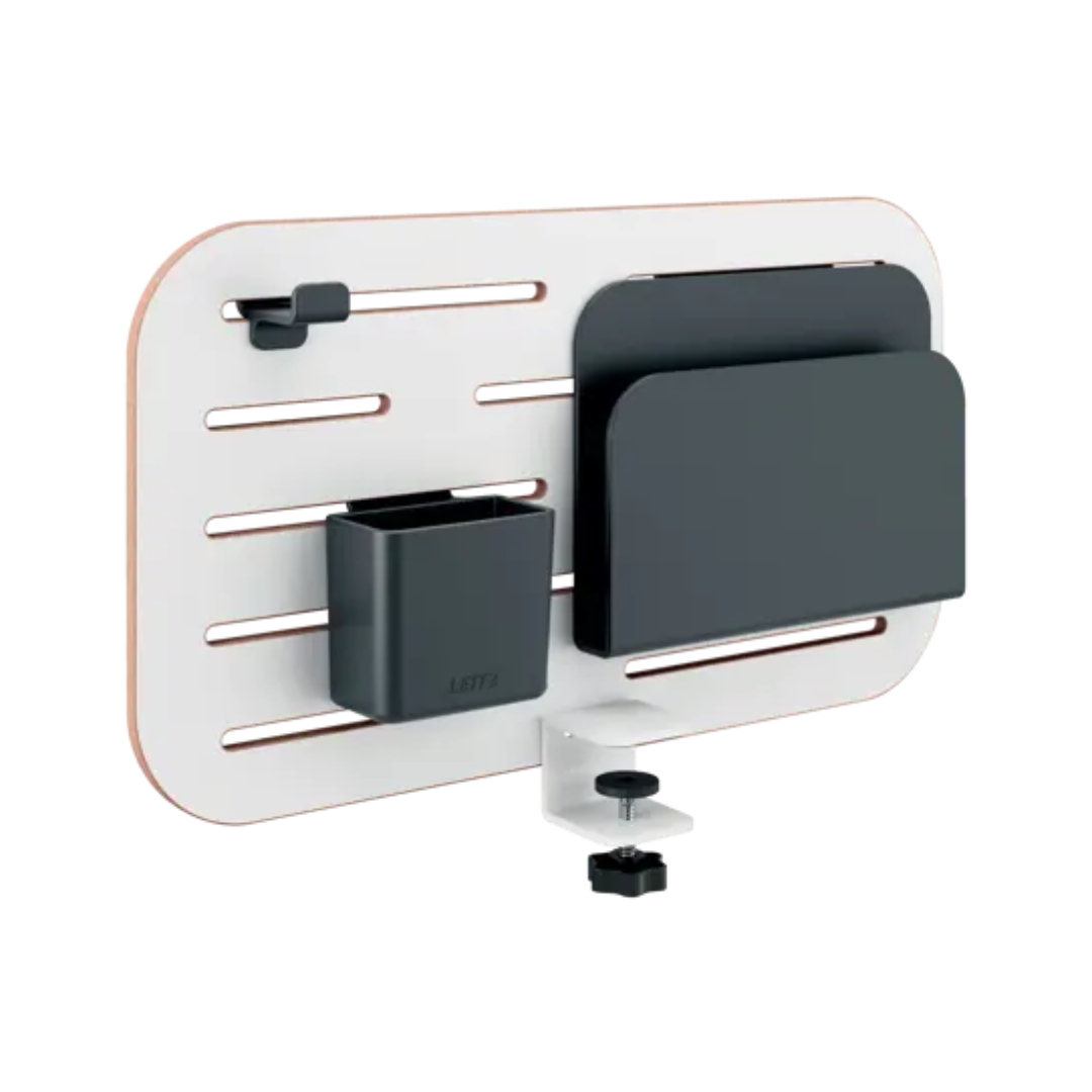 Kit organizator LEITZ Ergo, pt. birou (max.3.5 cm), 42x25 cm, include 3 suporti pt. accesorii, alb