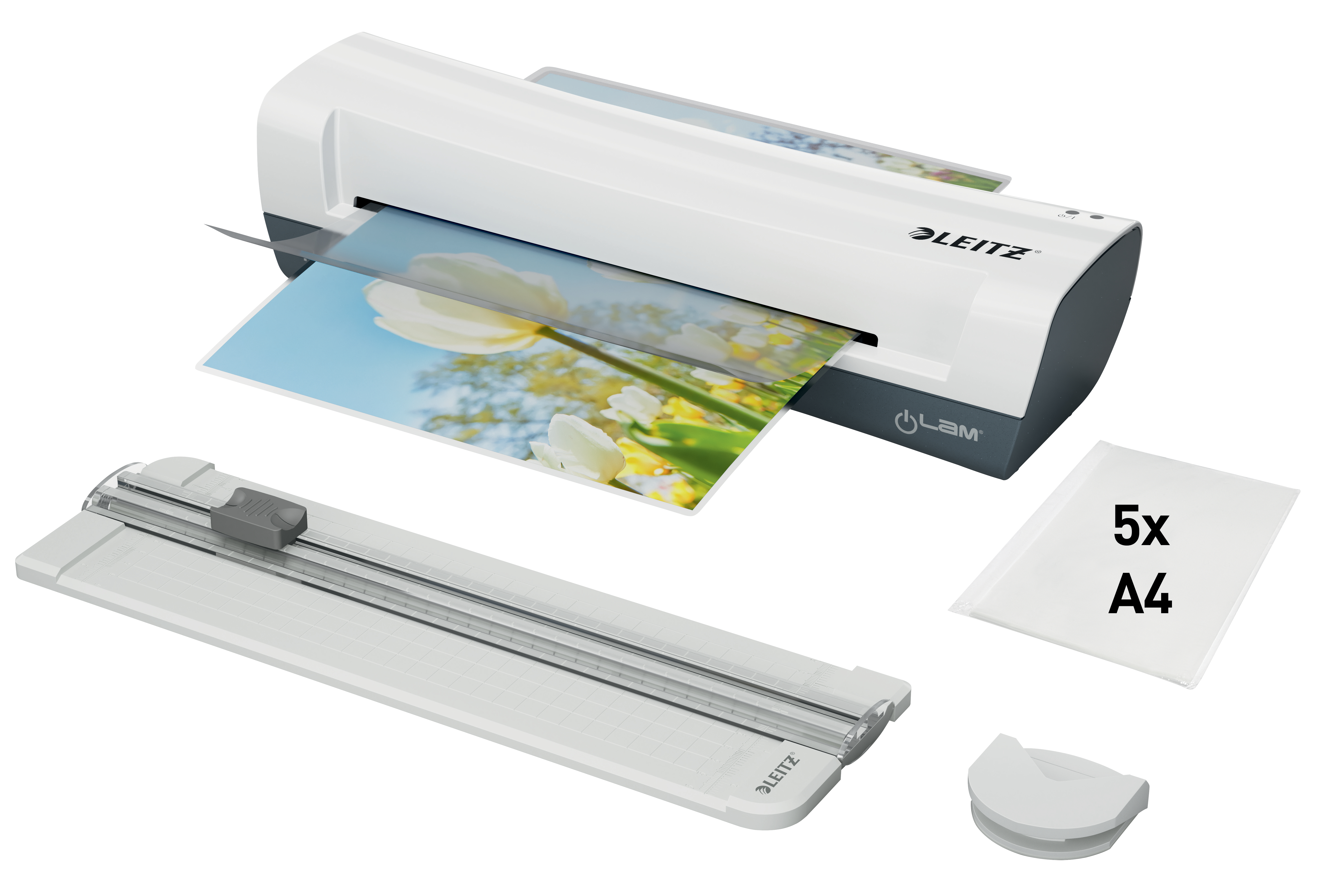 Sisteme de afisare, tehnica de birou, Set crafting Leitz, 4 in 1, include laminator Leitz iLAM Home A4, trimmer, rotunjitor, 5 folii laminare A4 - vectordirect.ro
