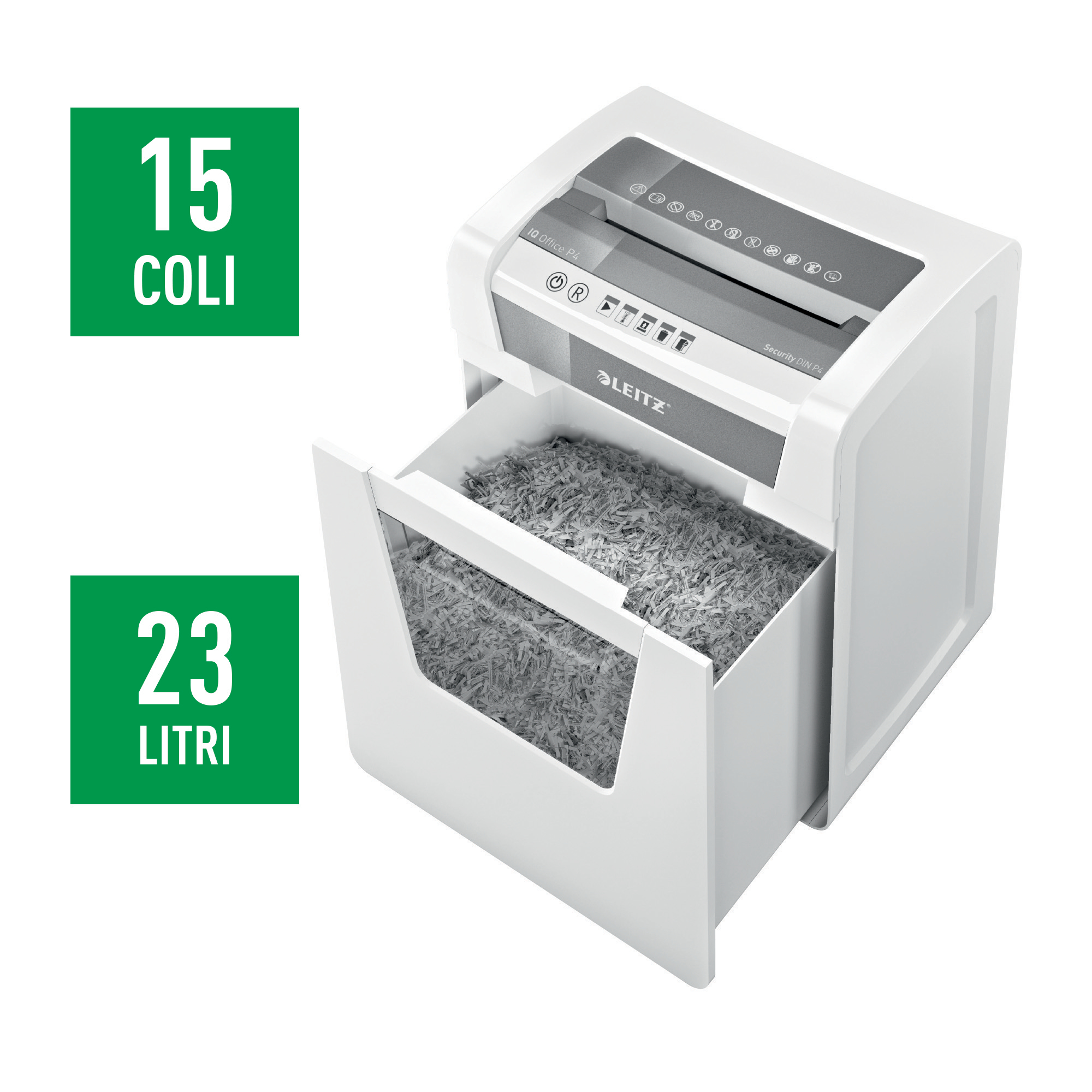 dda_Leitz, Distrugator documente manual LEITZ IQ Office, P4, cross-cut (confeti), 15 coli, cos 23l, alb - vectordirect.ro