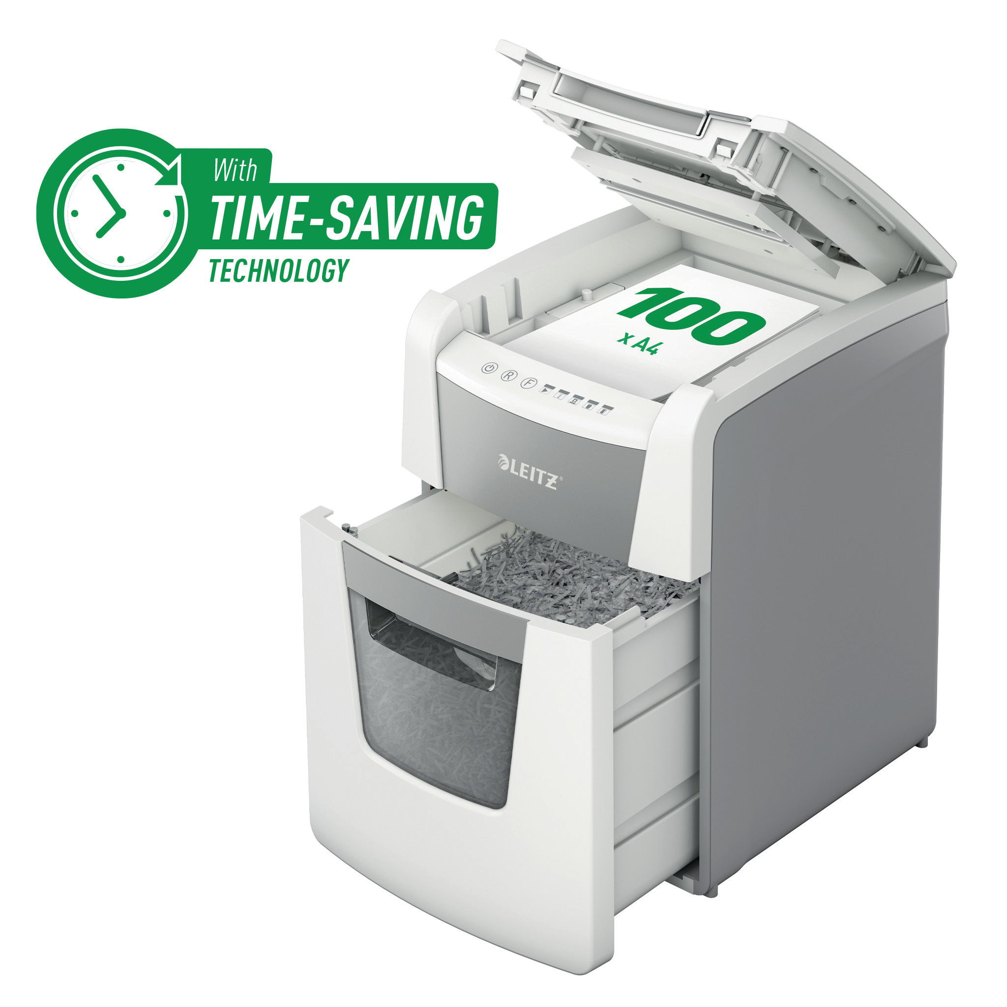 Distrugatoare documente, Distrugator documente automat LEITZ IQ Small Office, P4, cross-cut (confeti), 100 coli, cos 34l, alb - vectordirect.ro