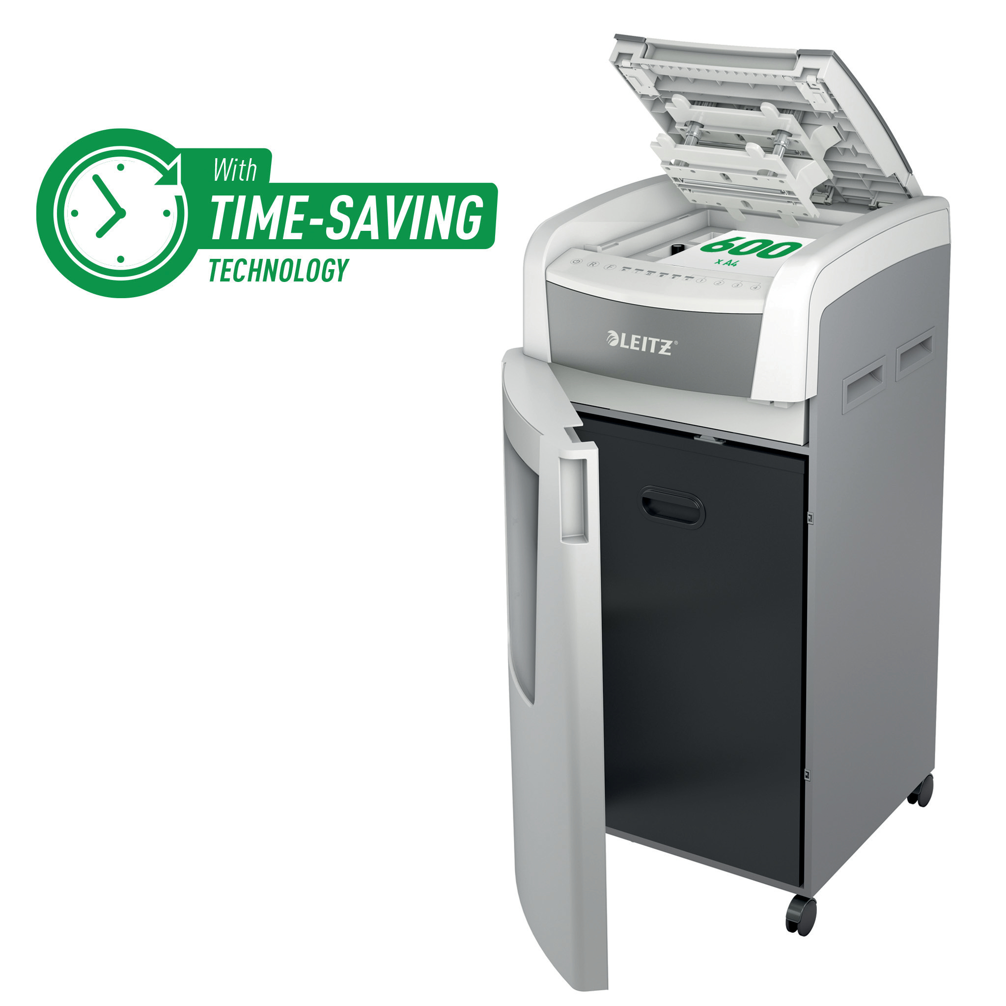 Echipamente birou, Distrugator documente automat LEITZ IQ Office, P5, micro-cut (particule), 600 coli, cos 110l, alb-gr - vectordirect.ro