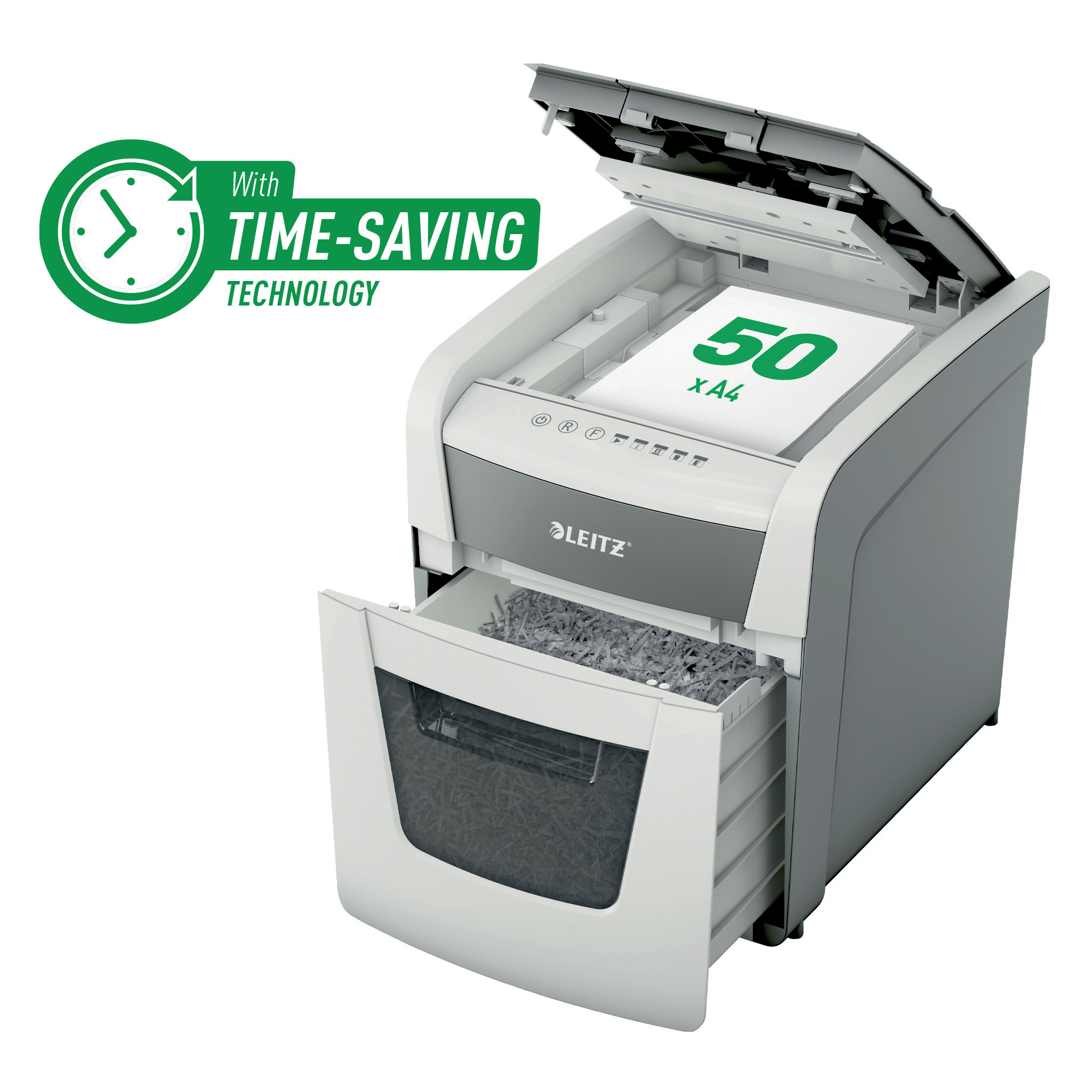 Sisteme de afisare, tehnica de birou, Distrugator documente automat Leitz IQ Small Office, P4, cross-cut (confeti), 50 coli, cos 20l, alb-gri - vectordirect.ro