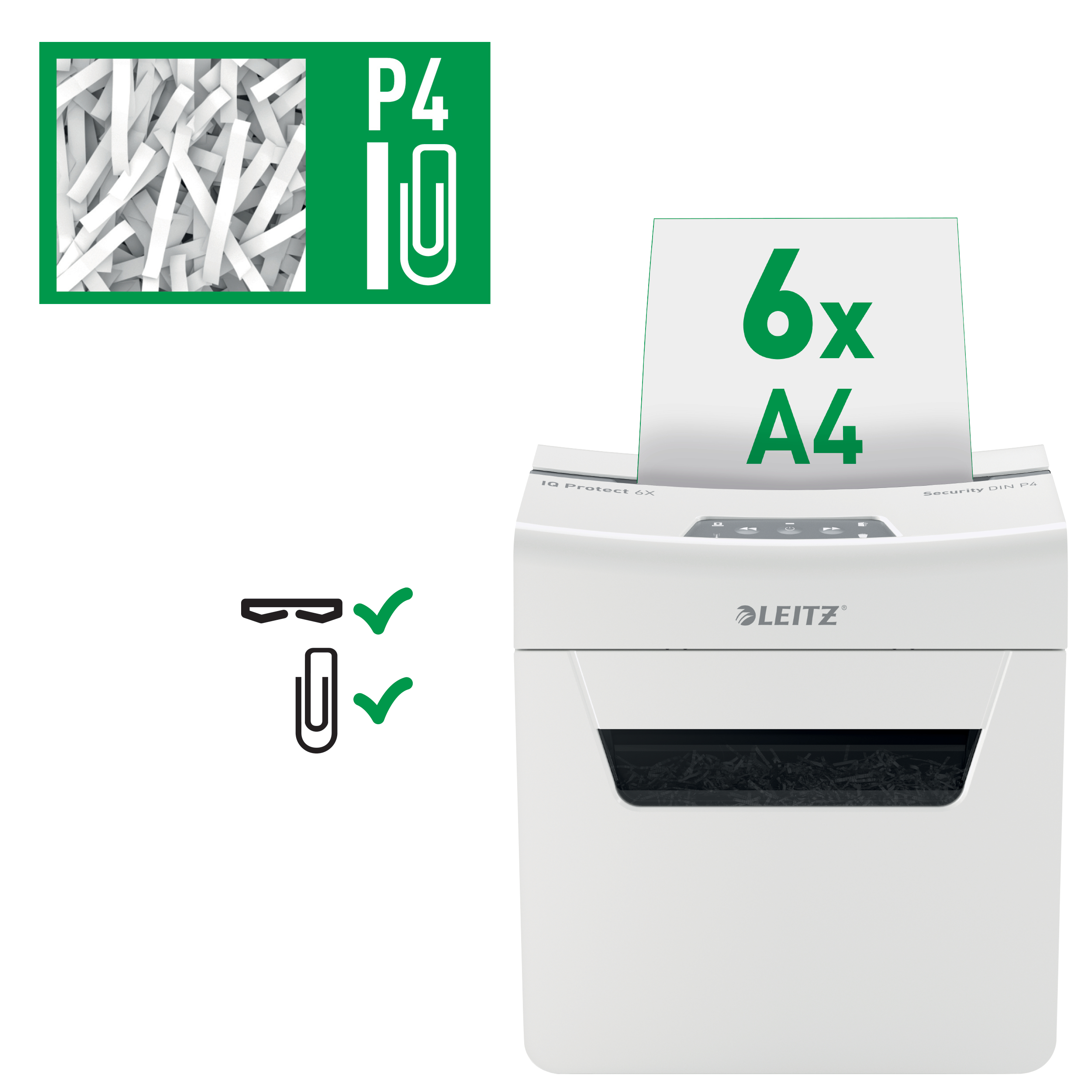 dda_Leitz, Distrugator documente manual LEITZ IQ Protect 6X, P4, cross-cut (confeti), 6 coli, cos 10l, alb - vectordirect.ro