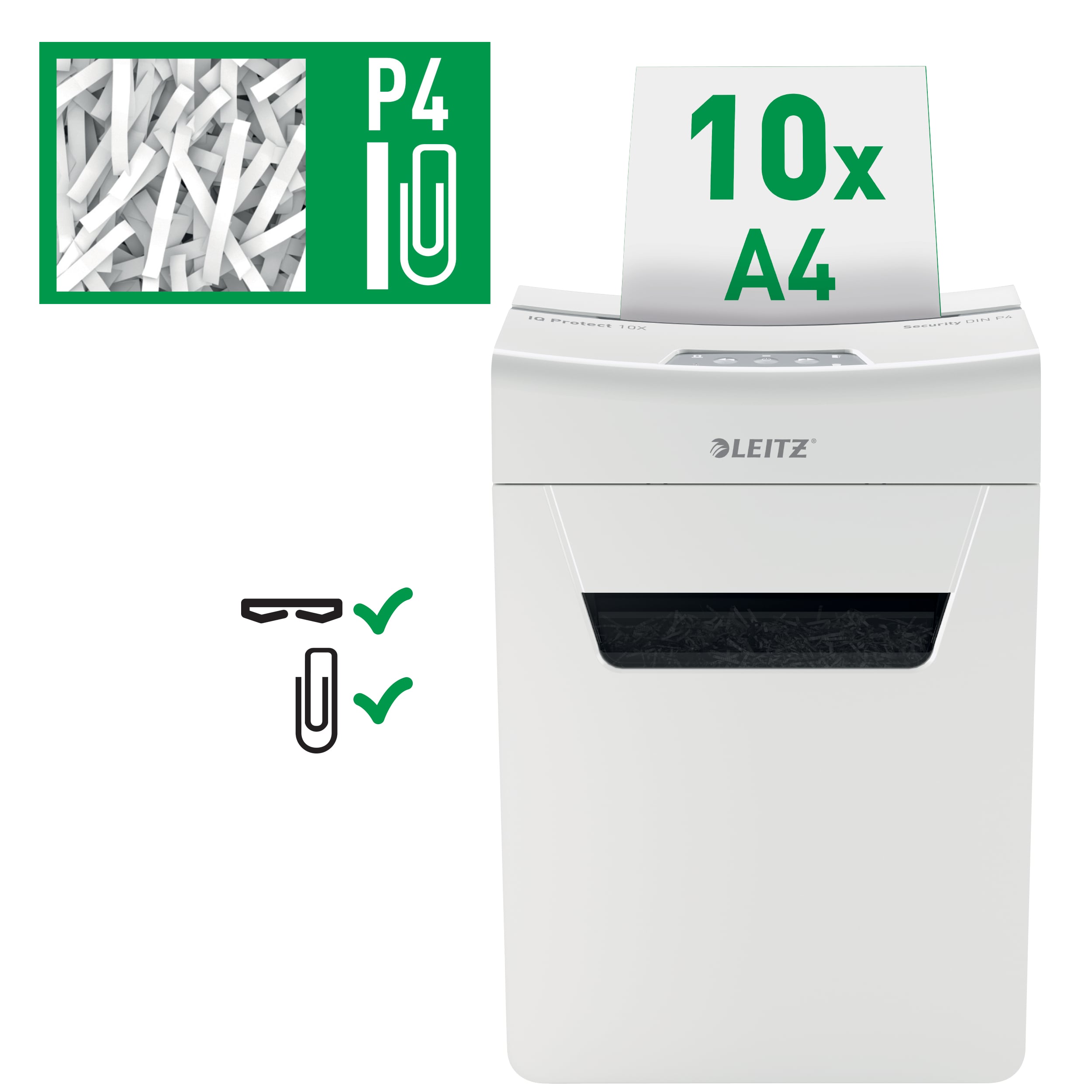dda_Leitz, Distrugator documente manual LEITZ IQ Protect 10X, P4, cross-cut (confeti), 10 coli, cos 18l, alb - vectordirect.ro
