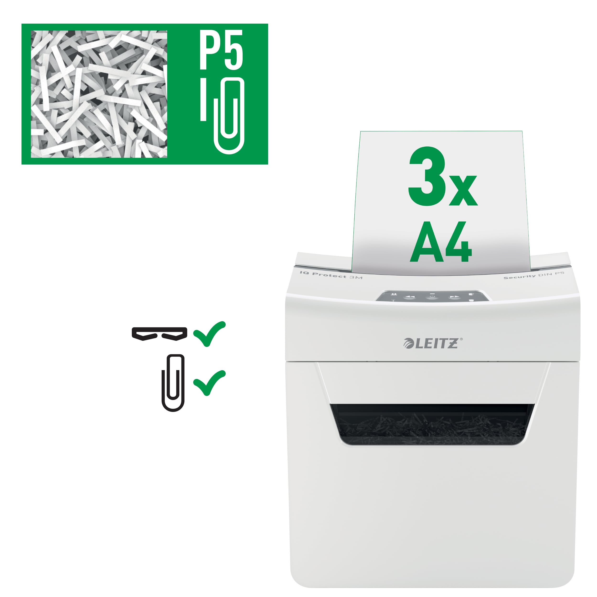 dda_Leitz, Distrugator documente manual LEITZ IQ Protect 3M, P5, micro-cut (particule), 3 coli, cos 10l, alb - vectordirect.ro