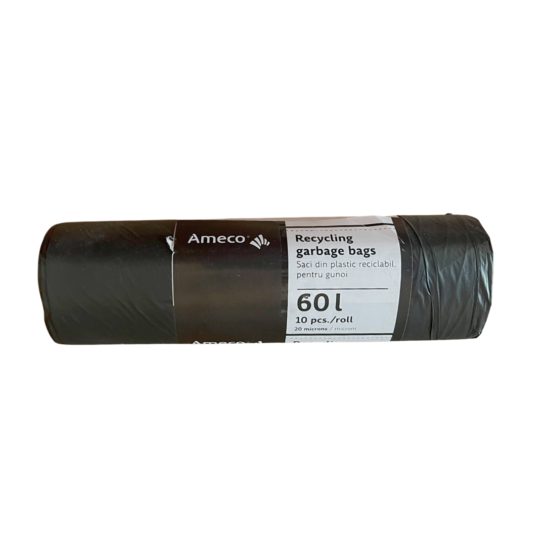 Saci menajeri, Saci Menajeri Negri AMECO 60L (60x72 cm), 20 Microni - Plastic Reciclabil, Rola 10 Bucati - vectordirect.ro