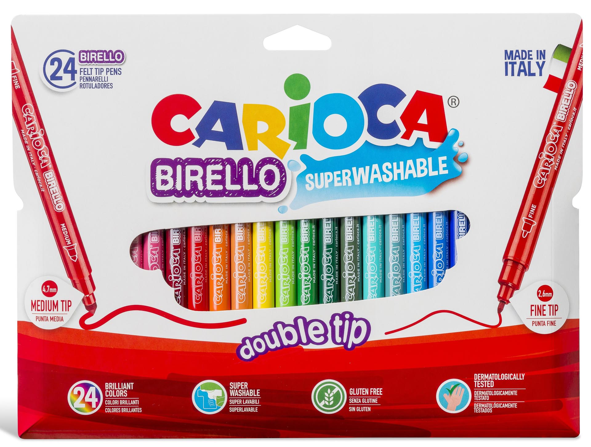 Clasa I, Carioca super lavabila, cu 2 capete, varf subtire/gros, 24 culori/cutie, CARIOCA Birello - vectordirect.ro