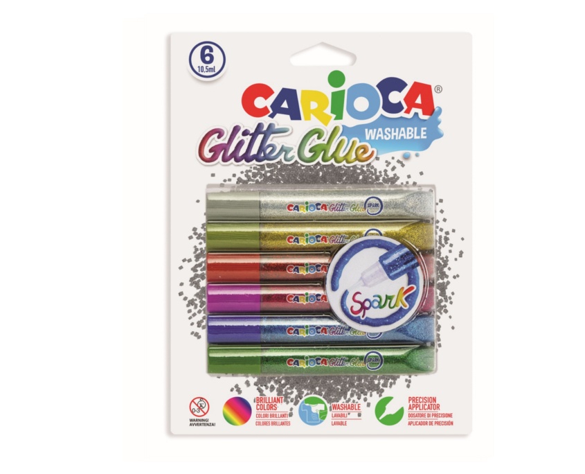 Lipici Glitter, lavabil, 6 culori/blister, CARIOCA Glitter Glue Spark