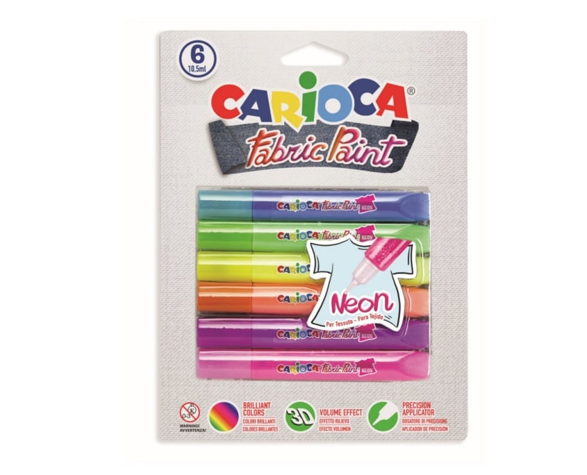 Carioca, Vopsea pentru textile, rezistanta la spalare, 6 culori/blister, CARIOCA Fabric Paint - Neon - vectordirect.ro