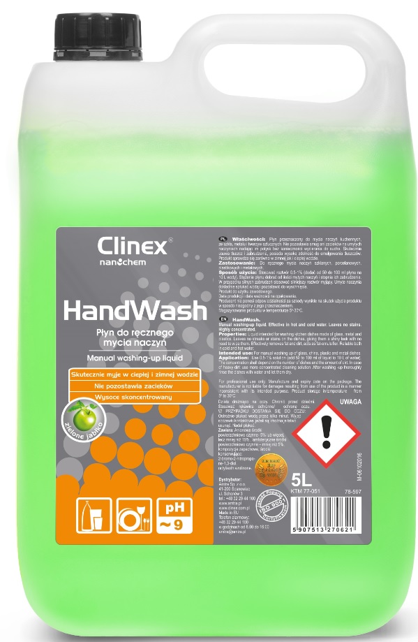 Curatare bucatarii, CLINEX Hand Wash, 5 litri, detergent lichid pentru degresarea vaselor - cu miros de mar - vectordirect.ro
