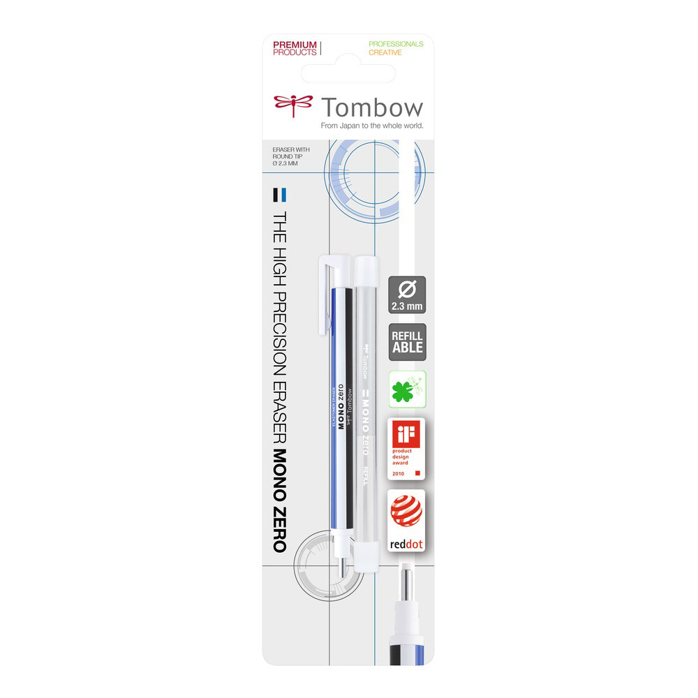 Rechizite scolare Das Tombow, Radiera Mecanica Click Plastic Round Tip Tombow Mono Zero White / Blue / Black cu Rezerve - vectordirect.ro