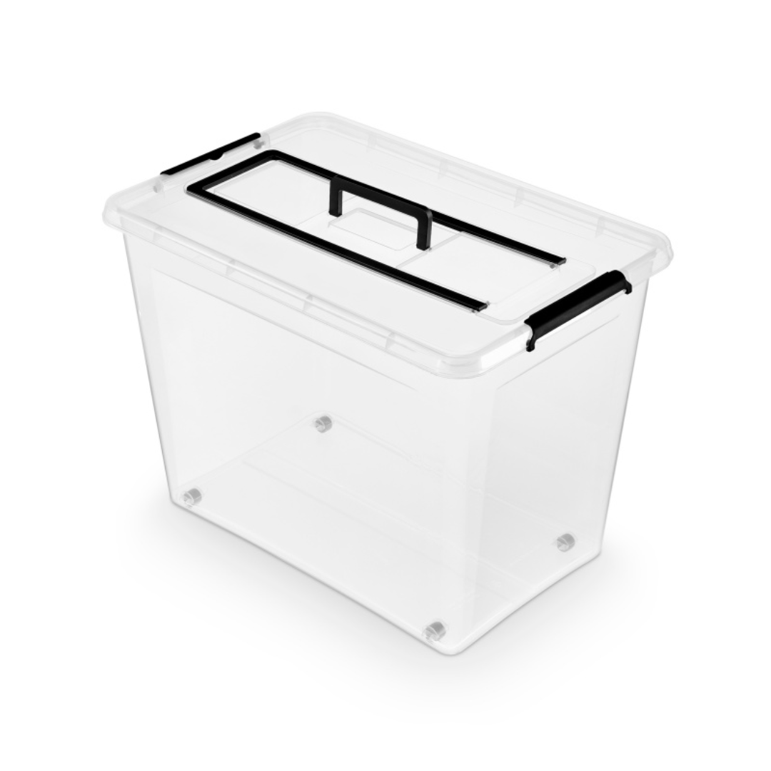 Nanobox, Container plastic cu capac, transparent, ORPLAST Simple box - capacitate 80L - cu maner si rotile - vectordirect.ro