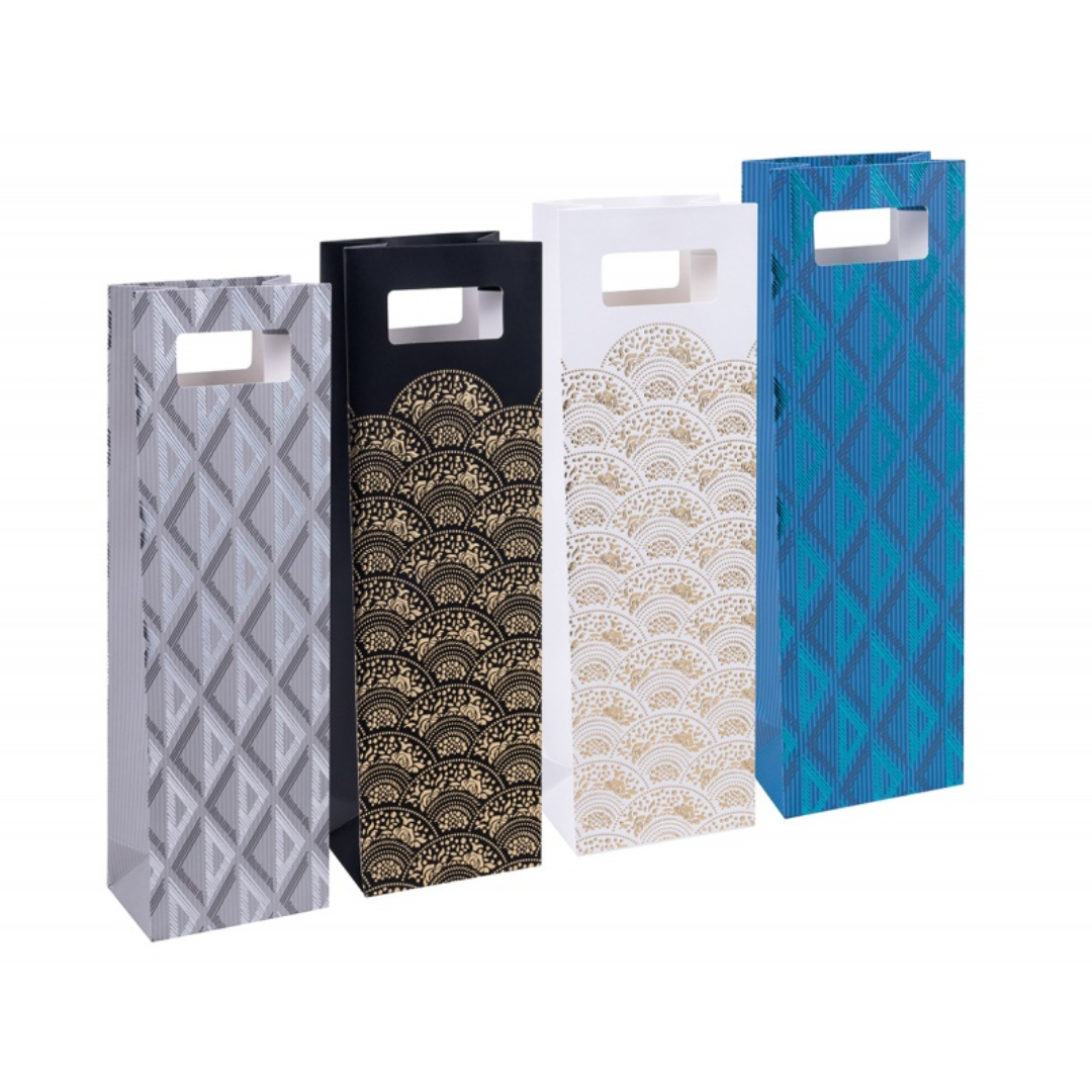 Punga sticla cadou, carton laminat 210gsm, design divers, 12x41.5x8cm, DONAU Home - modele asortate