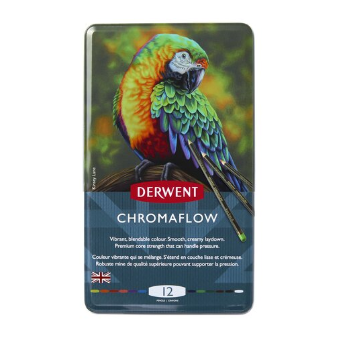 Rechizite scolare Derwent Das Scrikss, Creioane colorate Derwent Professional Chromaflow, cutie metalica, 12 buc/set - vectordirect.ro