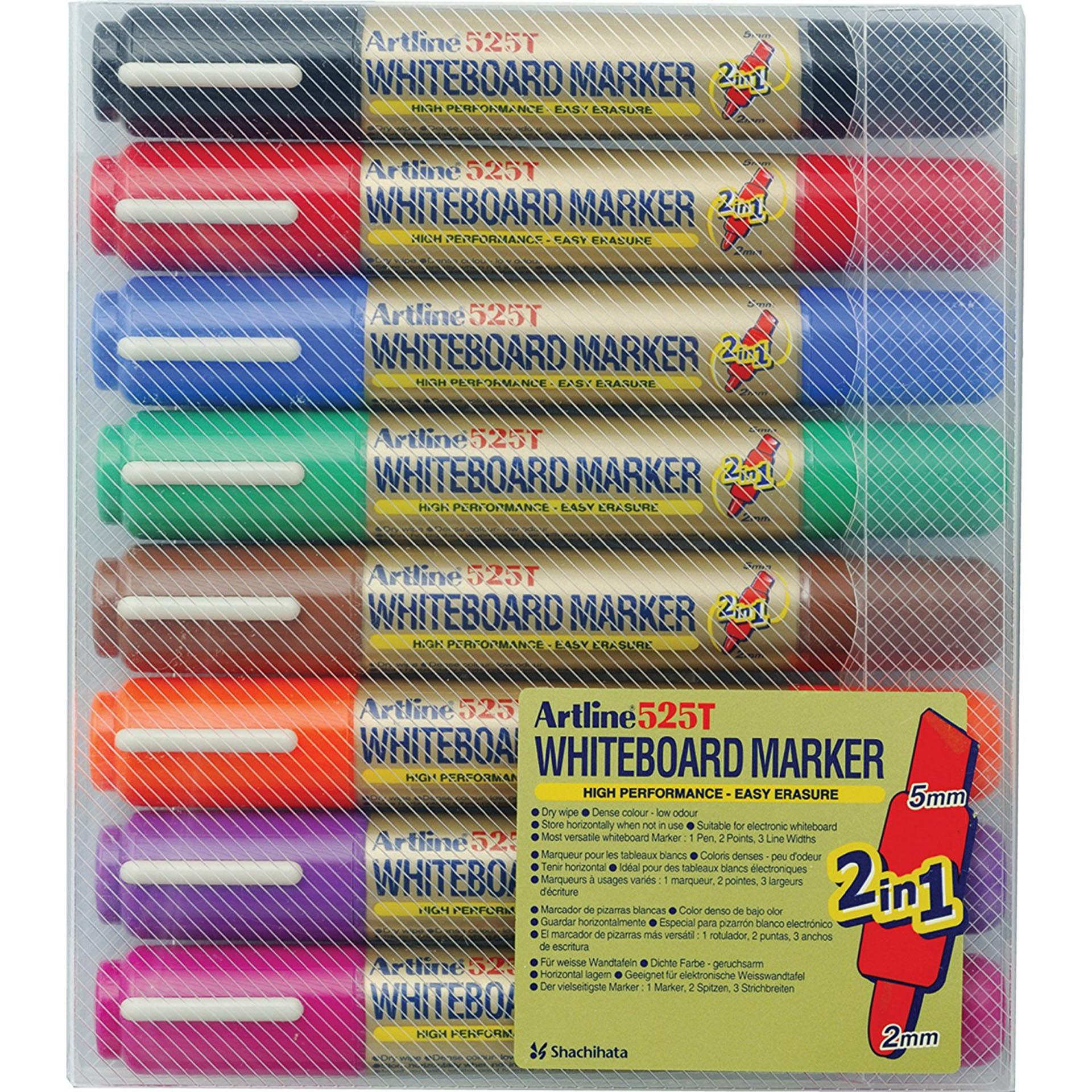 Table de scris cu creta, Marker pentru tabla de scris ARTLINE 525T, doua capete - varf rotund 2.0mm/tesit 5.0mm, 8 culori/set - vectordirect.ro