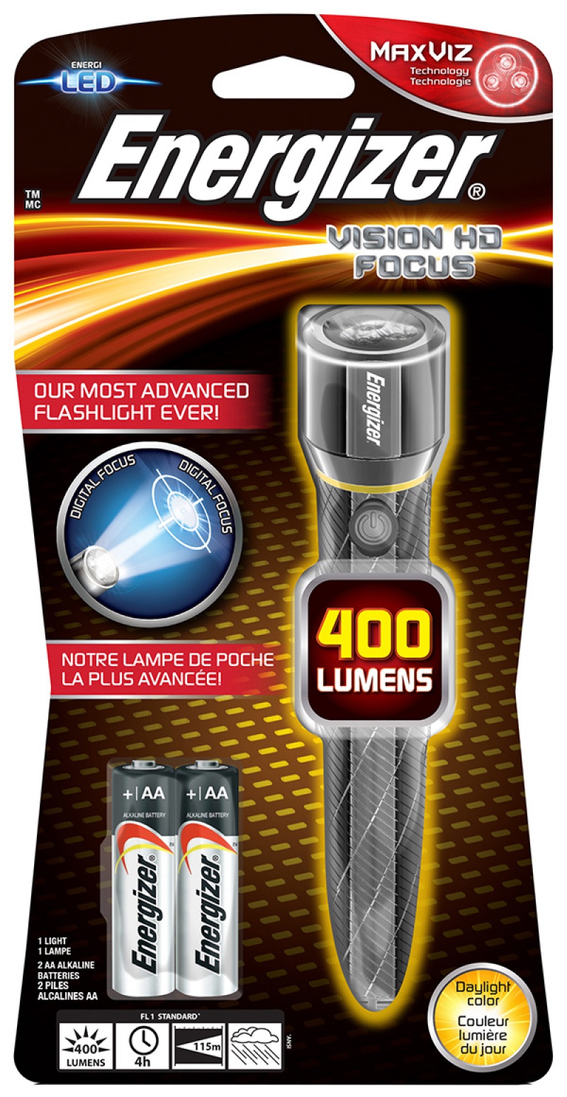 Cuiere, Lanterna LED Vizion HD Focus, 400 lumeni, raza de 115m + 2 baterii AA, Energizer - vectordirect.ro