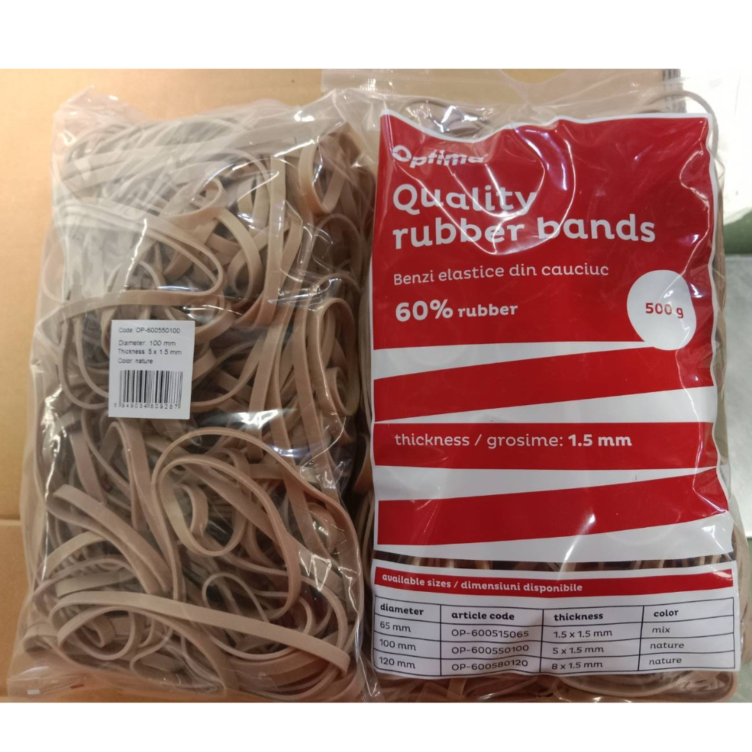 Perforatoare Optima, Elastice pentru bani, 60% cauciuc, 500gr./punga, D100, grosime 5mm x 1.5mm, Optima - natural - vectordirect.ro