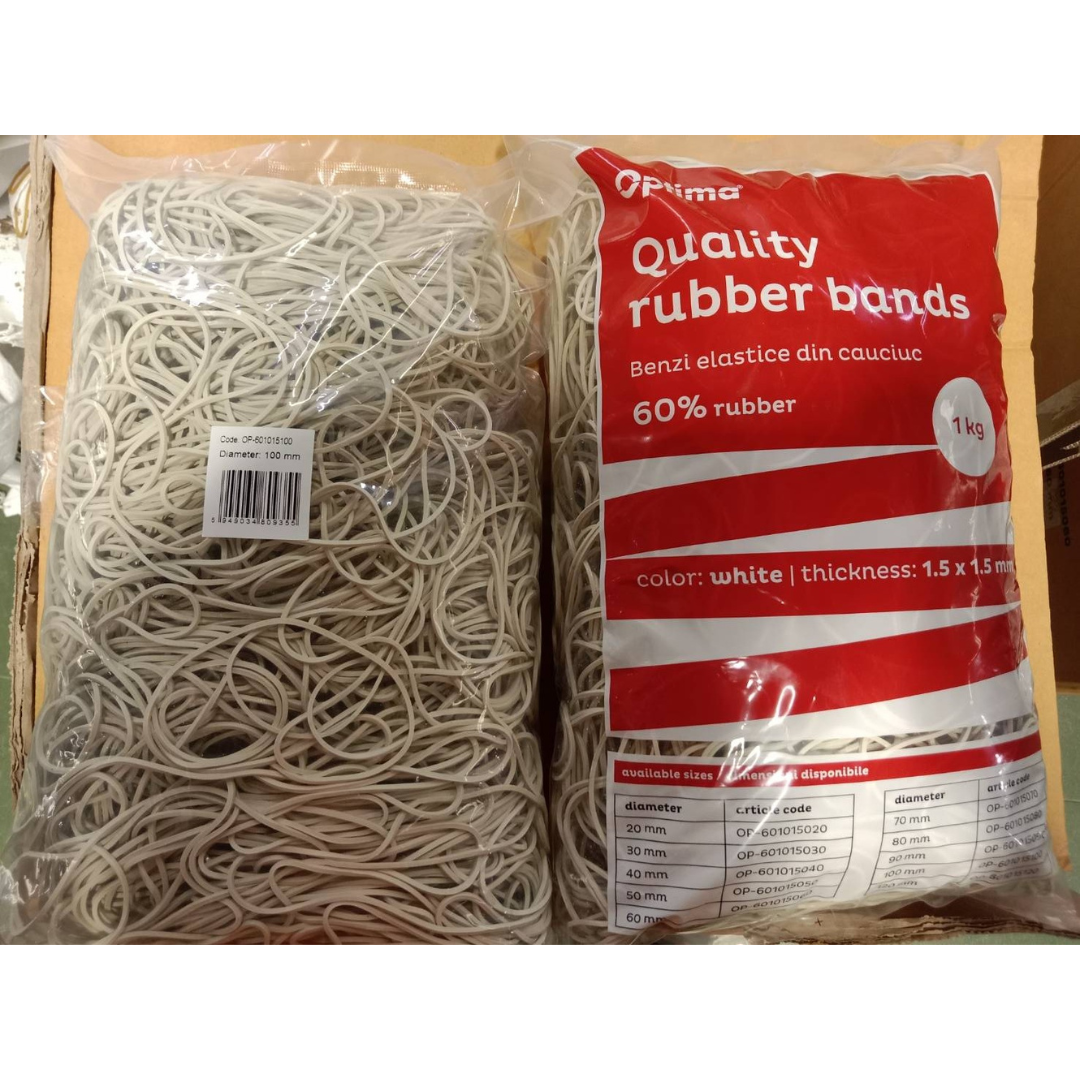 Elastice pentru bani, 60% cauciuc, 1kg/punga, D100, grosime 1.5mm x 1.5mm, Optima - albe