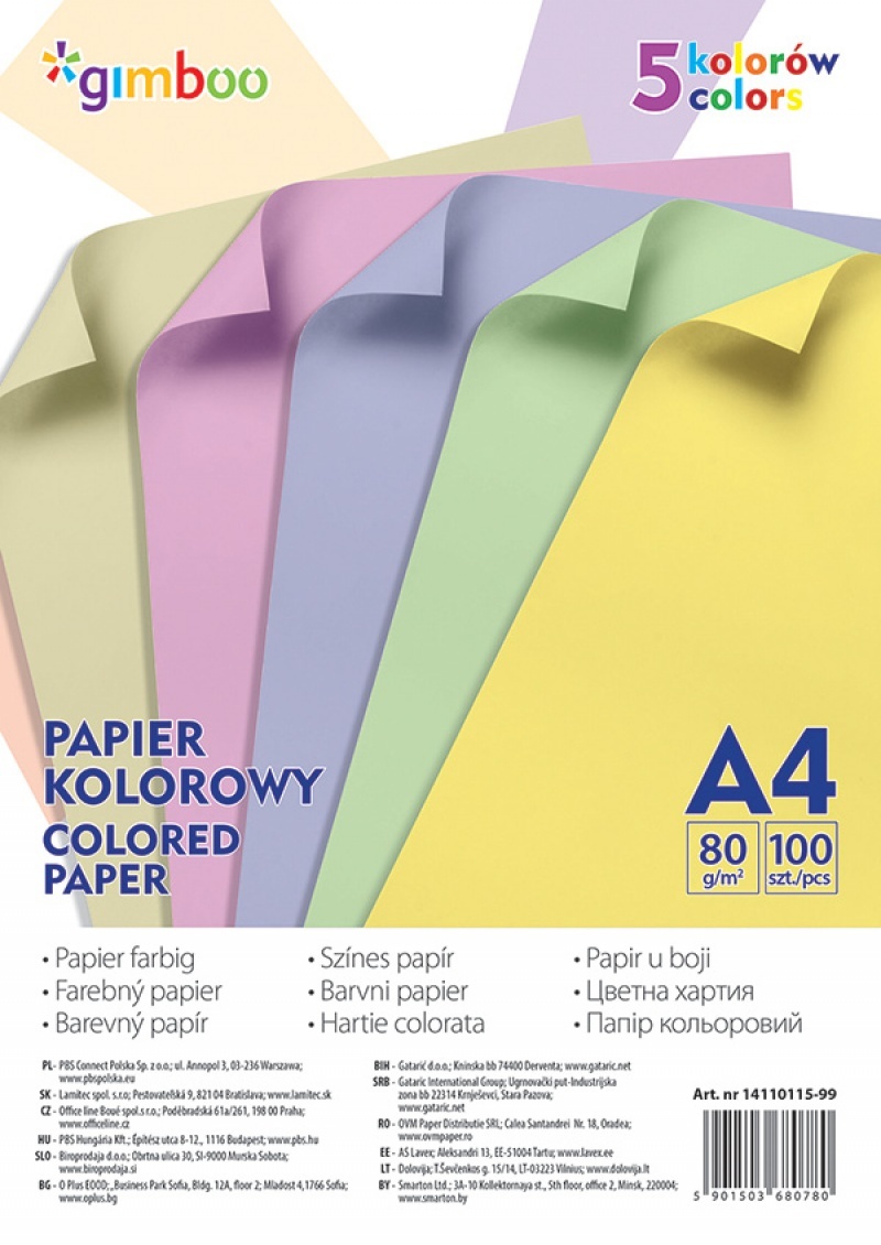 Toate produsele, Hartie color, 80g/mp, 100 (5 x 20) coli/top, GIMBOO - culori pastel asortate - vectordirect.ro