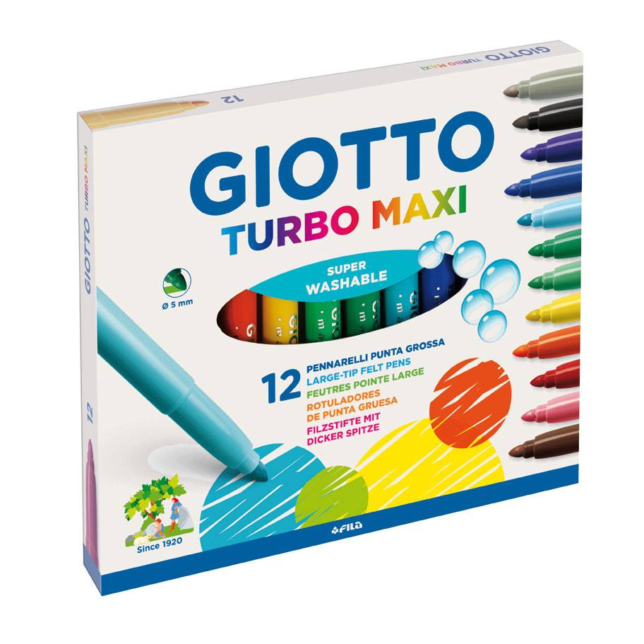 Clasa I, Carioca lavabila, varf 5mm, 12 culori/cutie, GIOTTO Turbo Maxi - vectordirect.ro