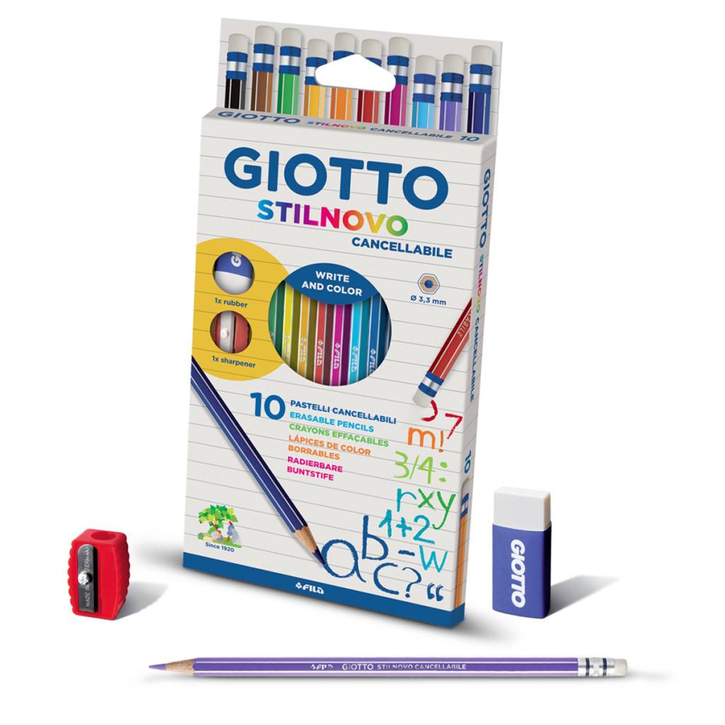Toate produsele, Creioane colorate, cutie carton, 10 culori/cutie + ascutitoare + radiera, GIOTTO Stilnovo Erasable - vectordirect.ro