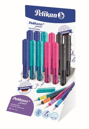 STILOU PELIKANO JUNIOR, PENITA A, GRIP ERGONOMIC, PENTRU DREPTACI, 1 PATRON MARE ALBASTRU INCLUS, CULORI ASORTATE ROZ/TURCOAZ/ANTRACIT/ALBASTRU, DISPLAY 12 BUC
