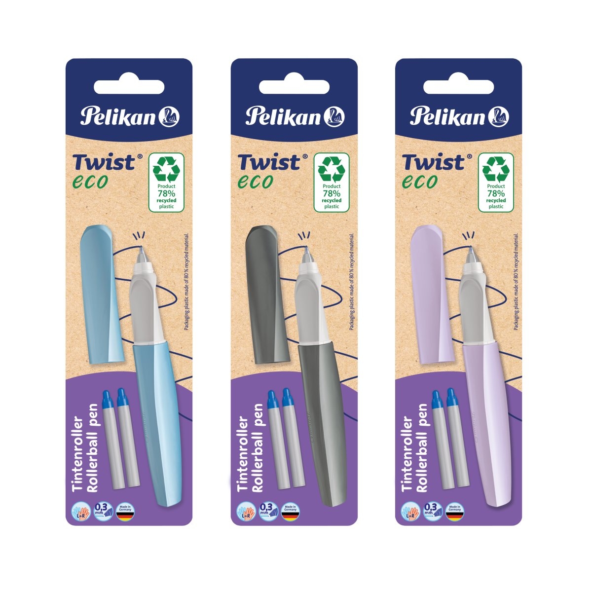 ROLLER TWIST ECO, GRIP ERGONOMIC, AMBIDEXTRU, 2 REZERVE ALBASTRE INCLUSE, 3 CULORI MOV DESCHIS/ALBASTRU DESCHIS/GRI DESCHIS, BLISTER