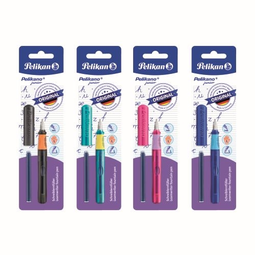 STILOU PELIKANO JUNIOR, PENITA L, GRIP ERGONOMIC, PENTRU STANGACI, 1 PATRON MARE ALBASTRU INCLUS, CULORI ASORTATE ROZ/TURCOAZ/ANTRACIT/ALBASTRU, BLISTER