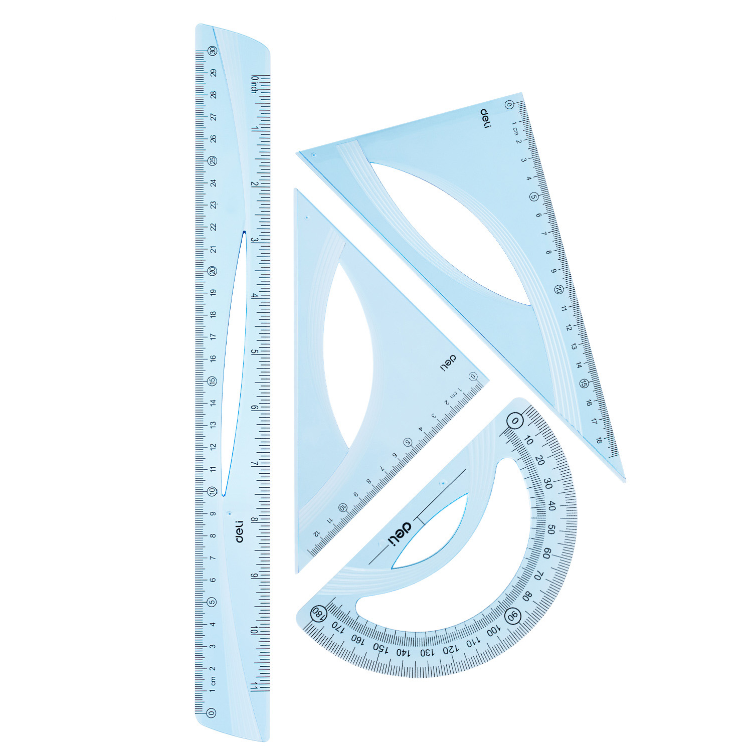 SET GEOMETRIE 4 PIESE ALBASTRU TRANSPARENT (RIG30CM, ECH*2, RAP) DELI