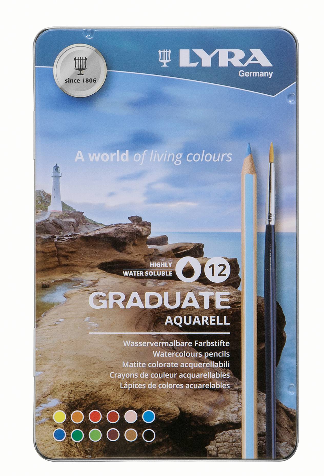 Lyra, Creioane colorate LYRA Graduate Aquarell, 12 culori+pensula/cutie metalica - vectordirect.ro