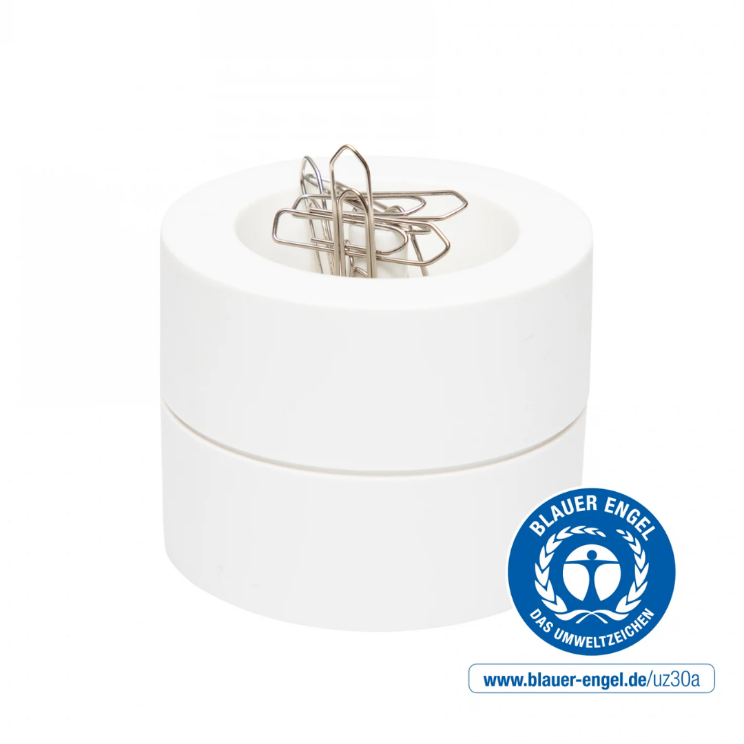 Mape cu fermoar Maul, Suport pentru agrafe, forma rotunda - D73mm, H60mm, din plastic reciclat, ECO MAUL - alb - vectordirect.ro