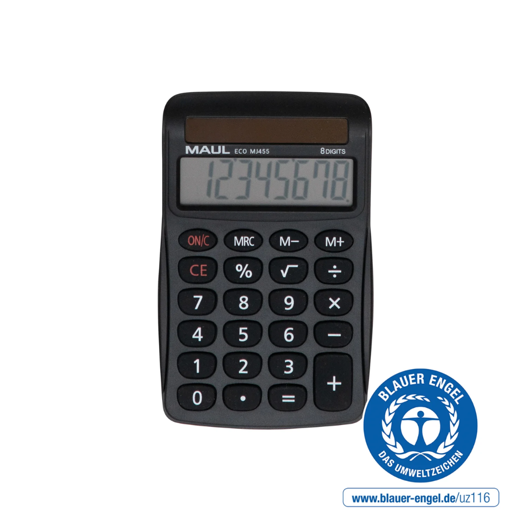 Produse Eco-Friendly, Calculator de birou Maul ECO MJ455, 8 digits, realizat din plastic reciclat, incarcare solara-negru - vectordirect.ro