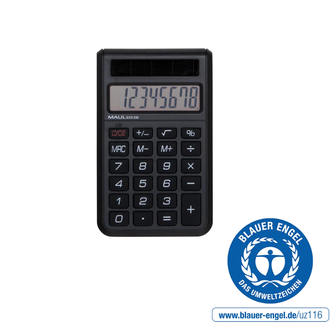 Produse Eco-Friendly, Calculator de buzunar MAUL ECO250, 8 digits, realizat din plastic reciclat, incarcare solara - negru - vectordirect.ro