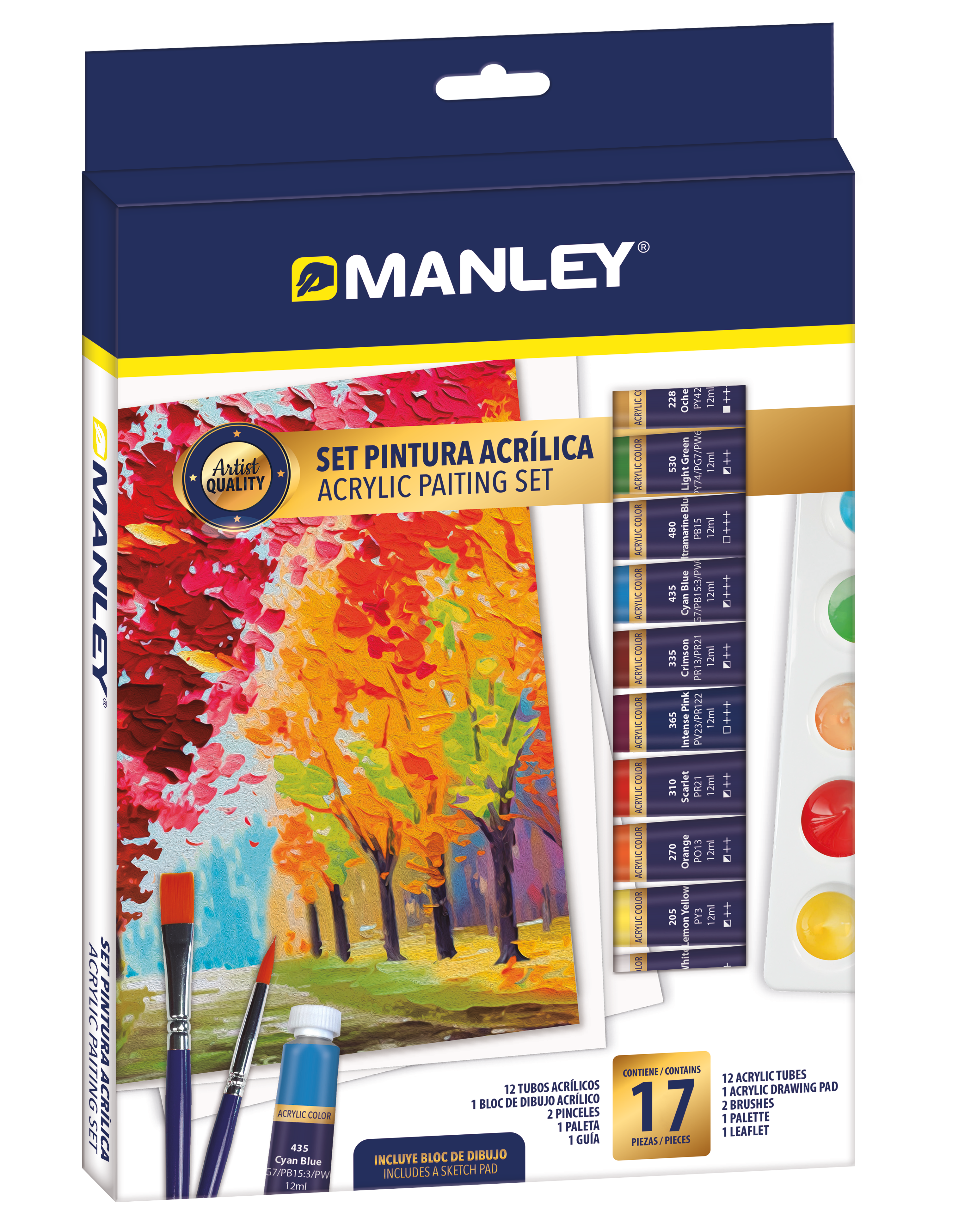 Manley, Set tempera acrilica Manley, rezistente la apa, 2 pensule+paleta incluse - 12 culori/set - vectordirect.ro